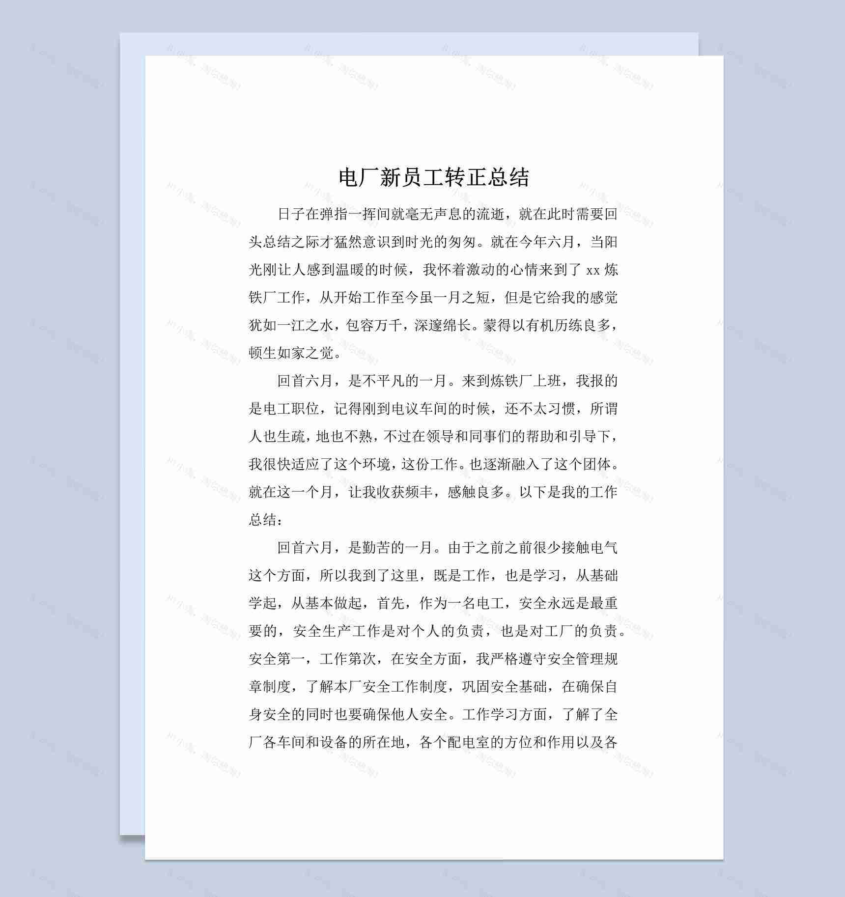 电厂新员工试用期转正工作总结汇报Word模板-1