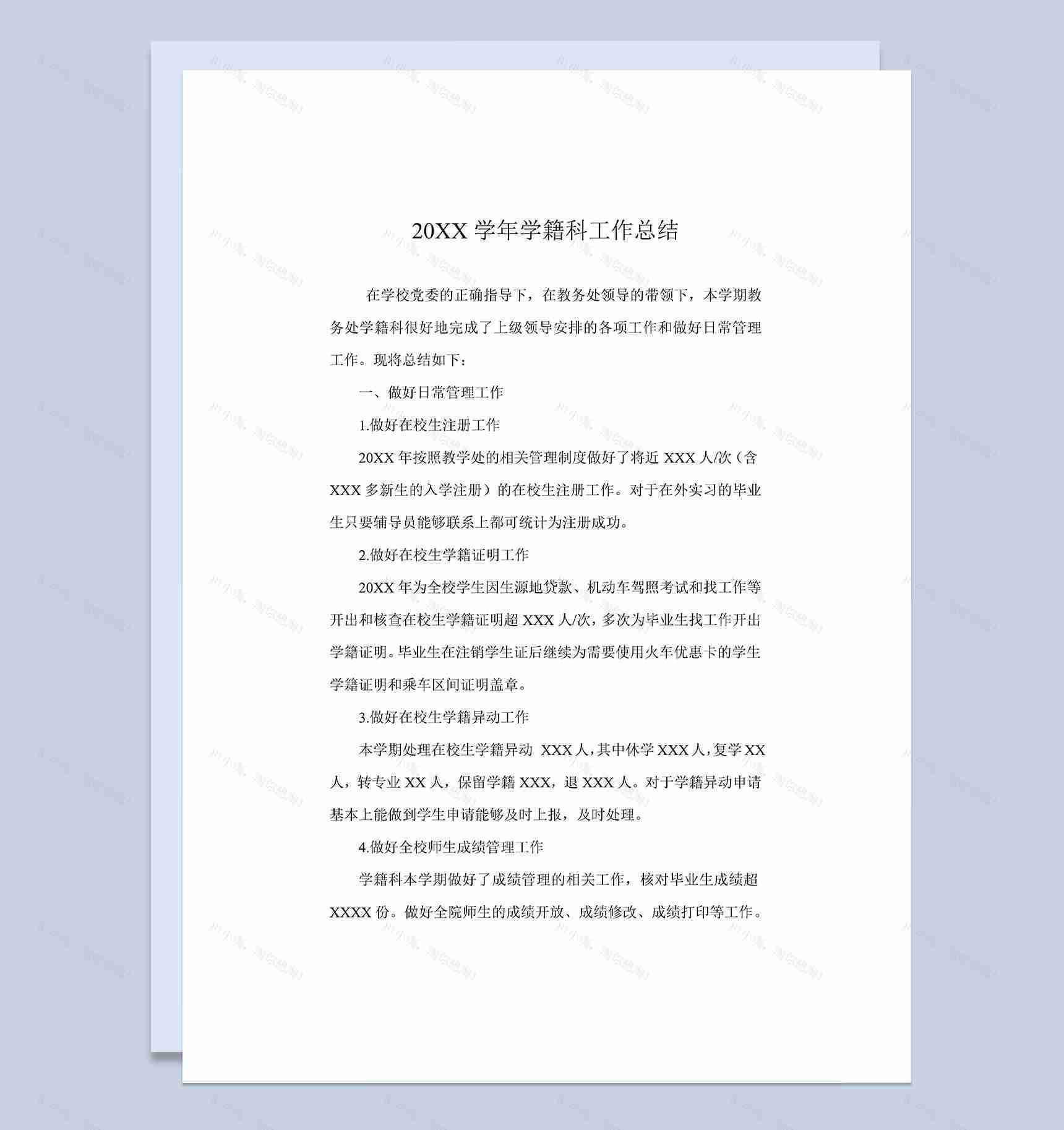 20XX年XX学校学籍科工作总结Word模板-1