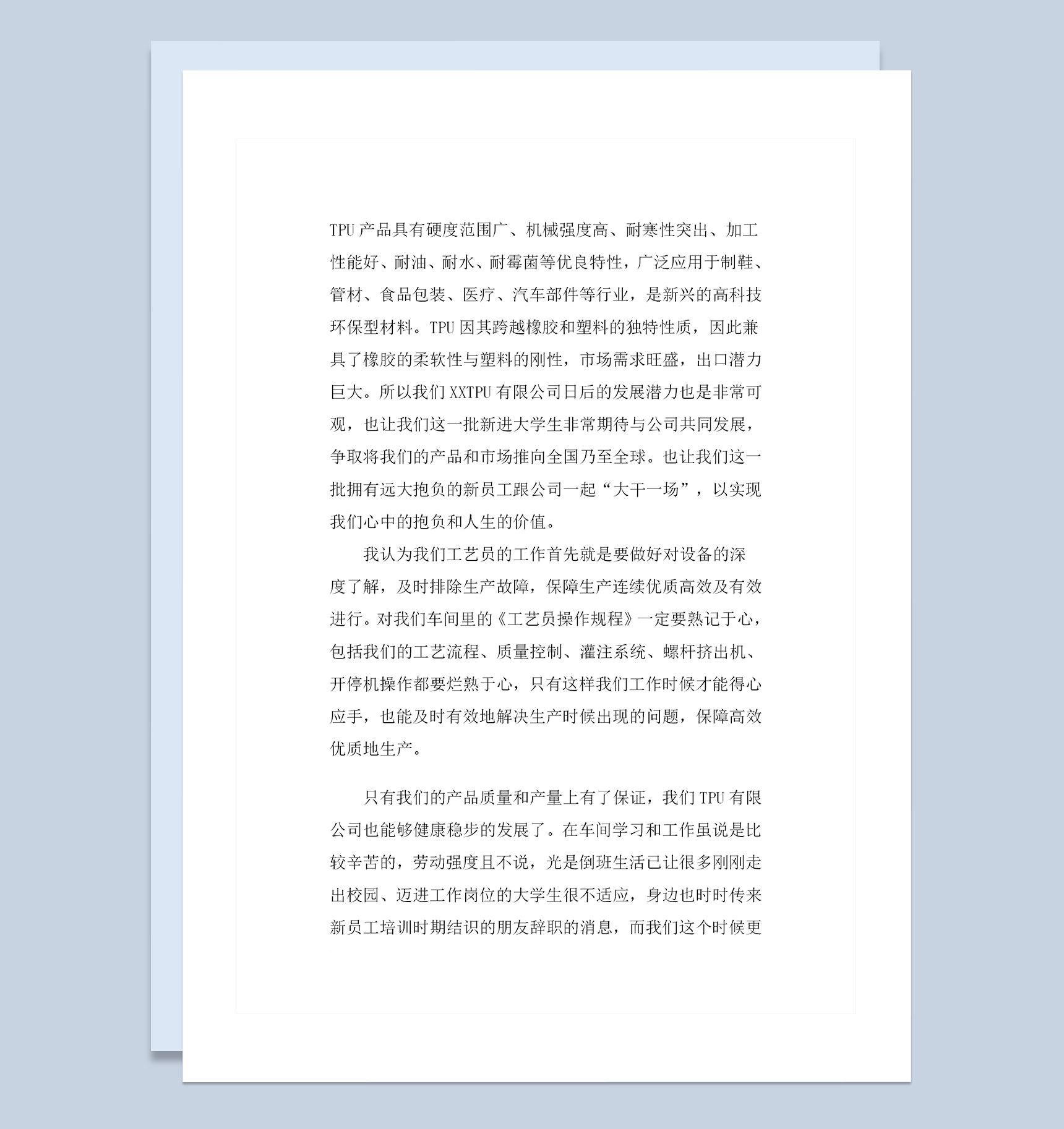 工艺员车间员工通用试用期转正工作总结范本Word模板