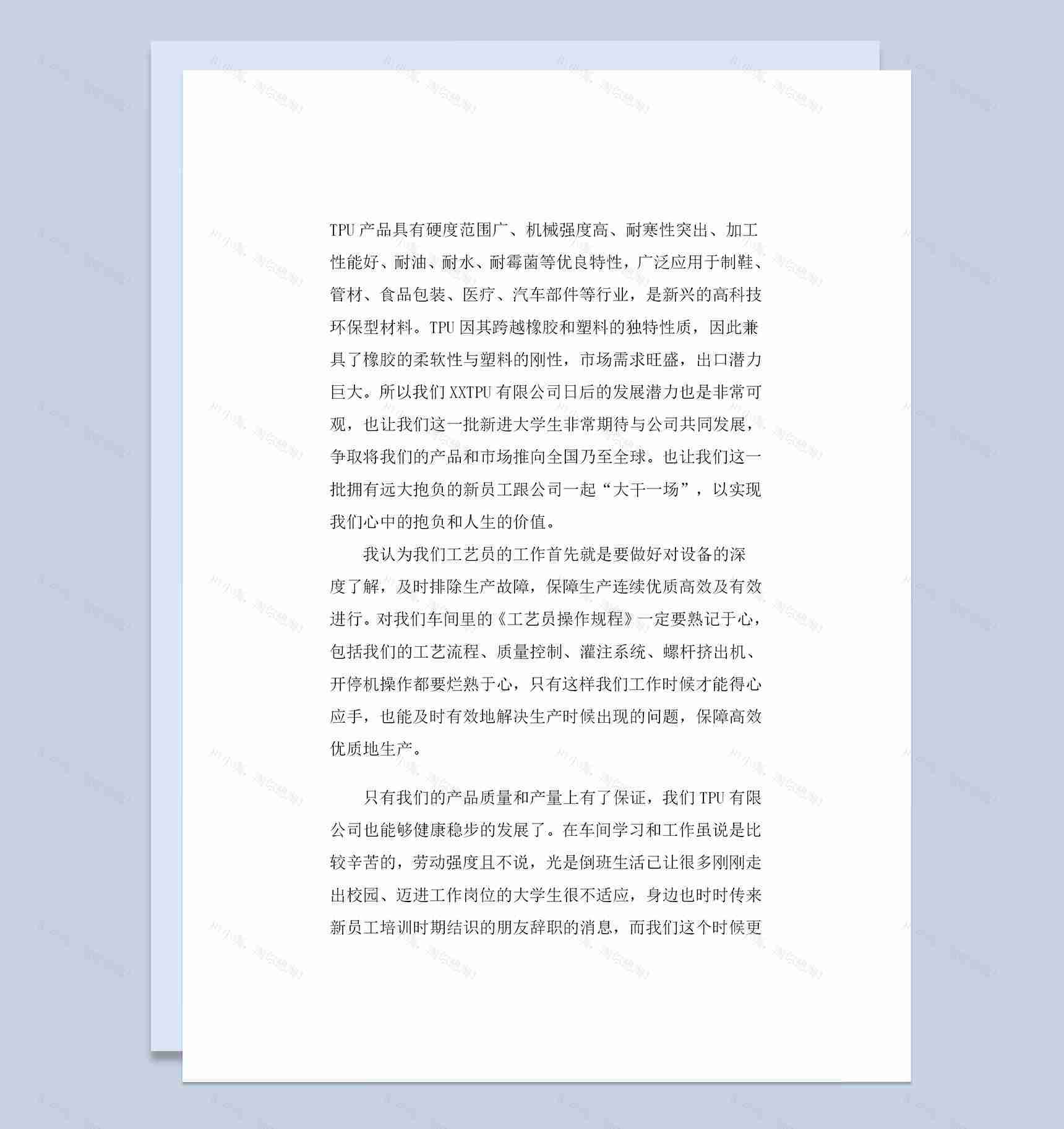 工艺员车间员工通用试用期转正工作总结范本Word模板-1