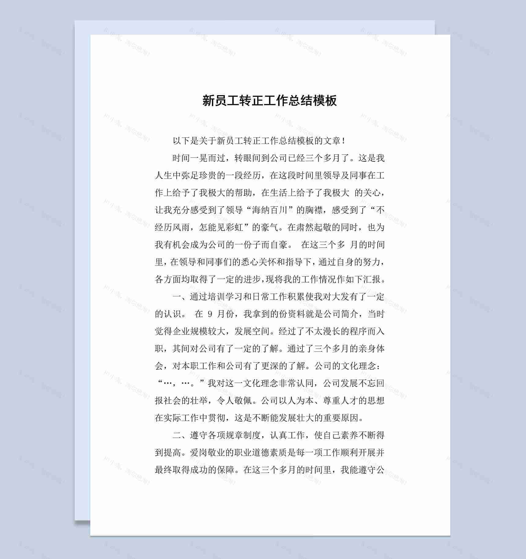 经典简约风新员工转正工作总结报告Word模板-1