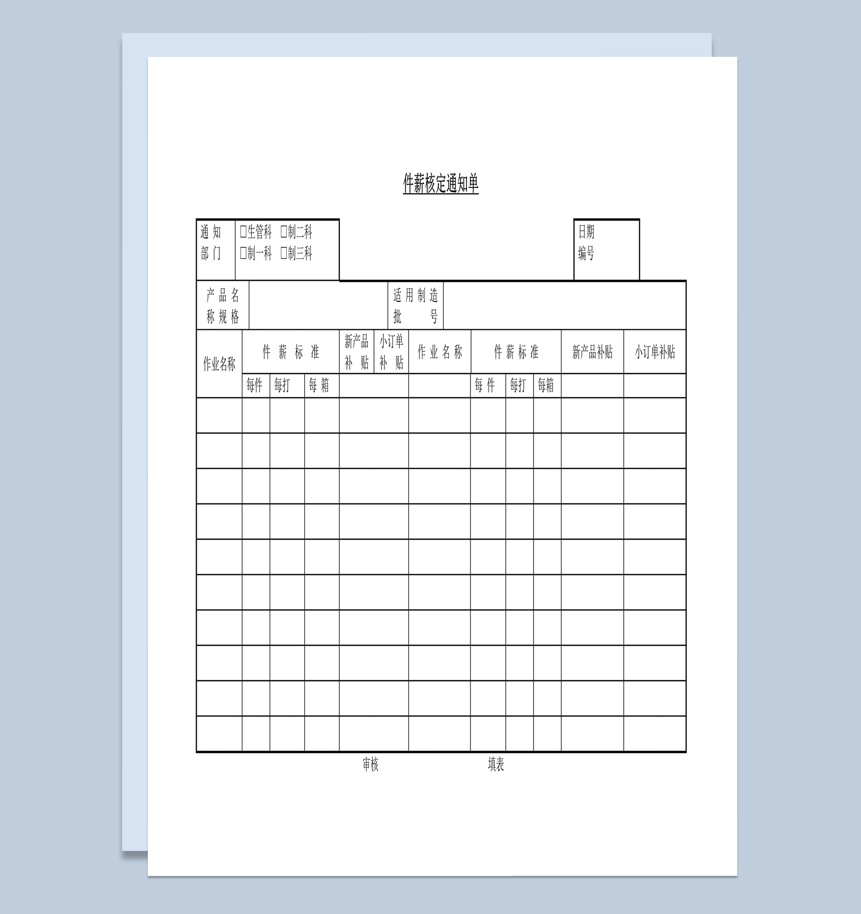 公司产品生产计件薪资核定通知单word模板