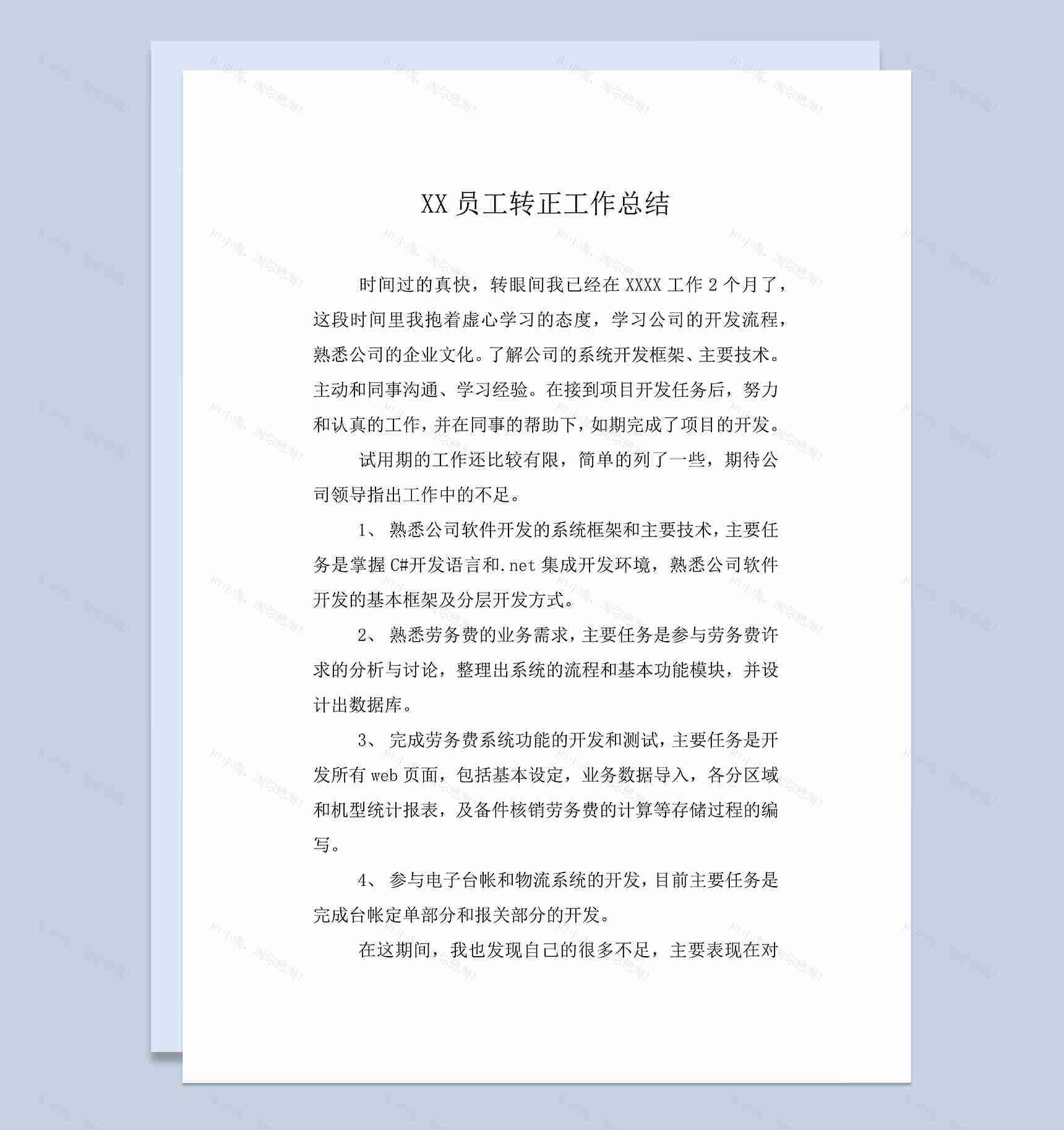 XX公司试用期员工年终转正个人工作总结Word模板-1