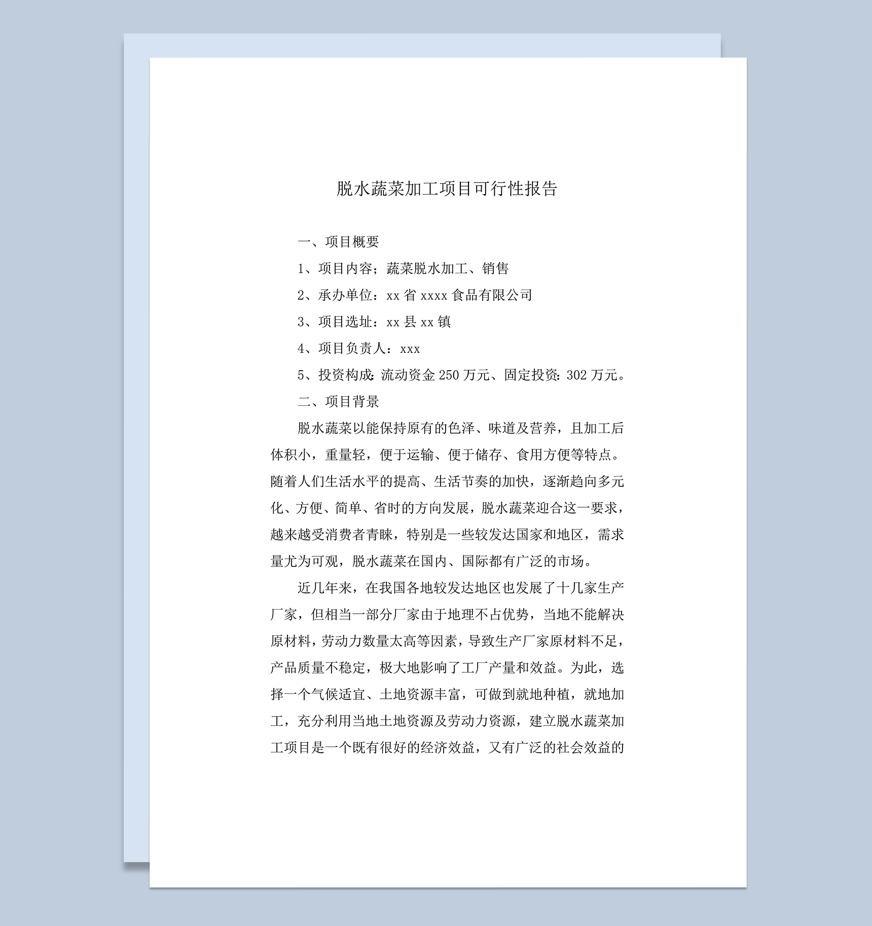 脱水蔬菜加工项目可行性报告word模板