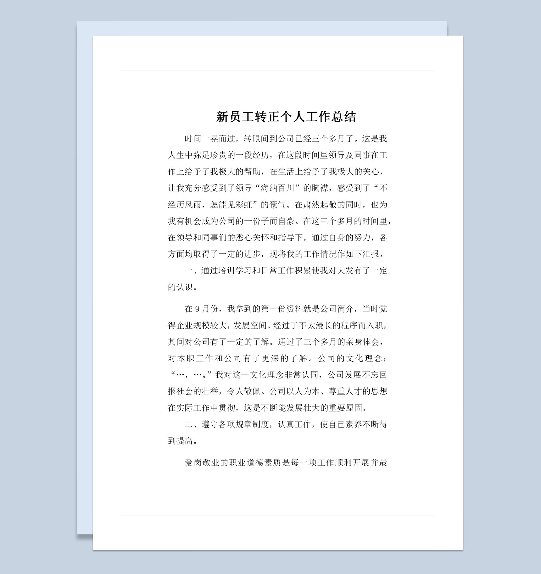 公司单位通用的新员工转正个人工作总结范本Word模板