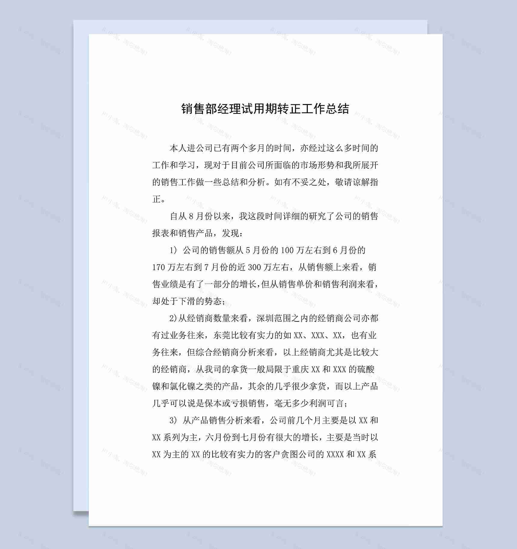 销售部经理销售人员试用期年终转正工作总结Word模板-1
