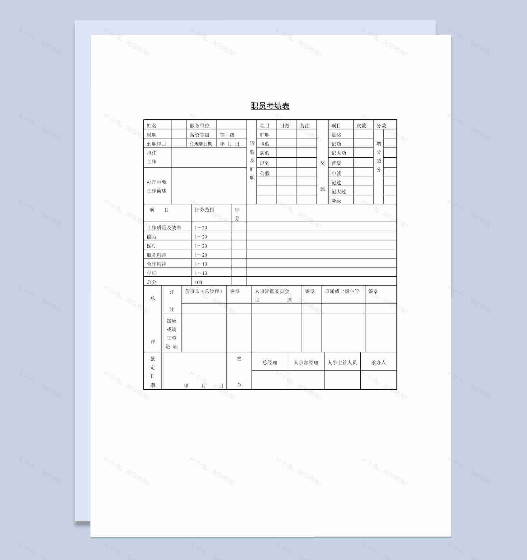 大小型公司职员考绩表Word模板-1