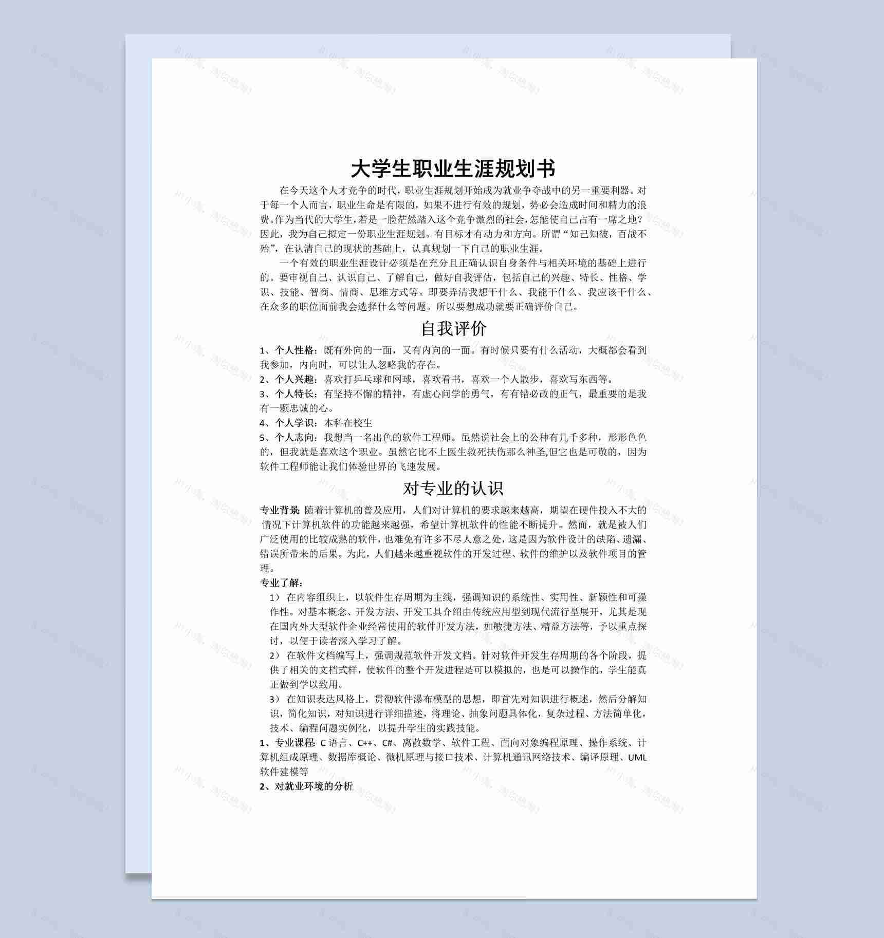 白色简约软件开发专业大学生职业生涯规划书Word模板-1