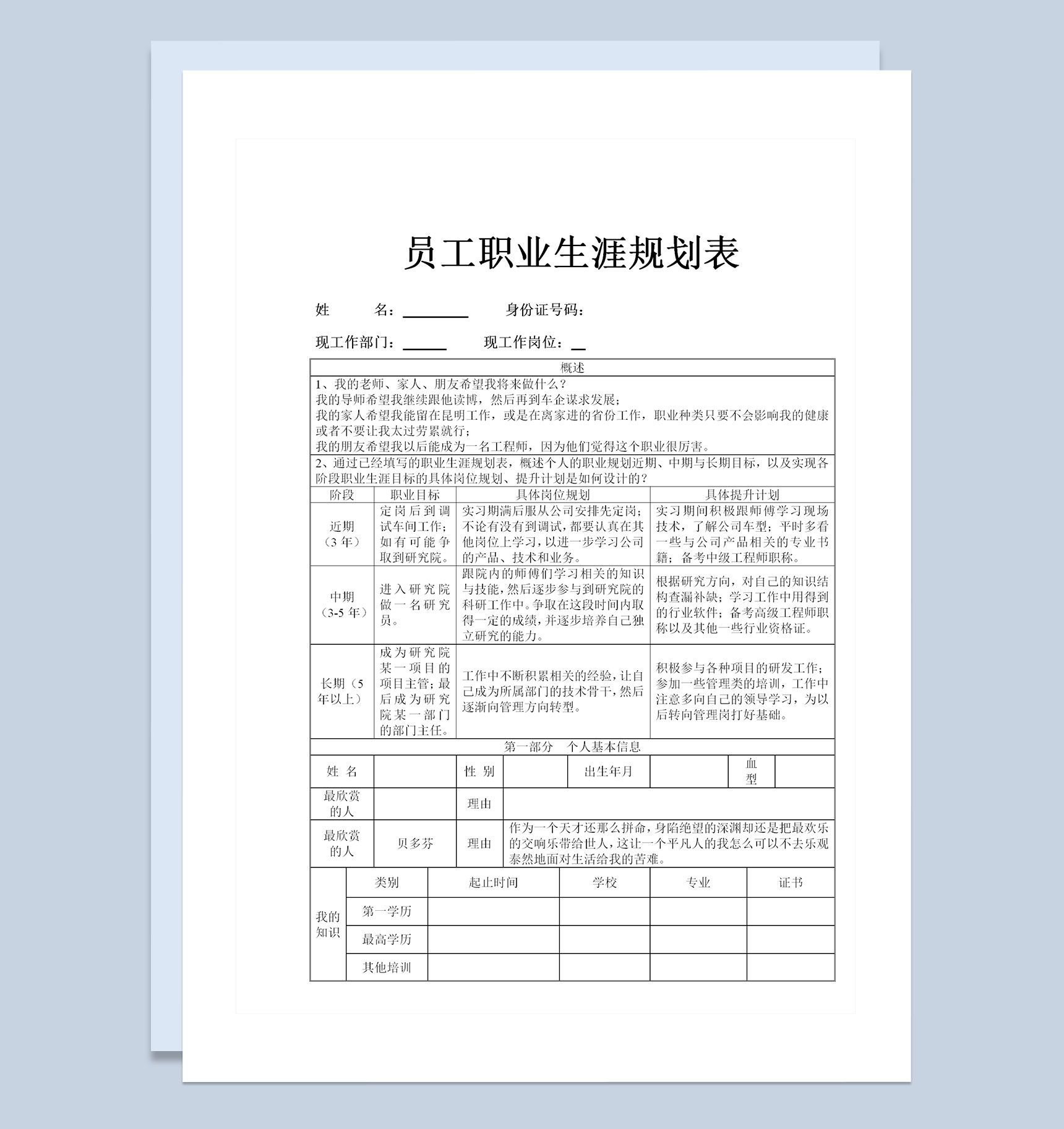 全新完整版员工个人职业生涯规划表格Word模板