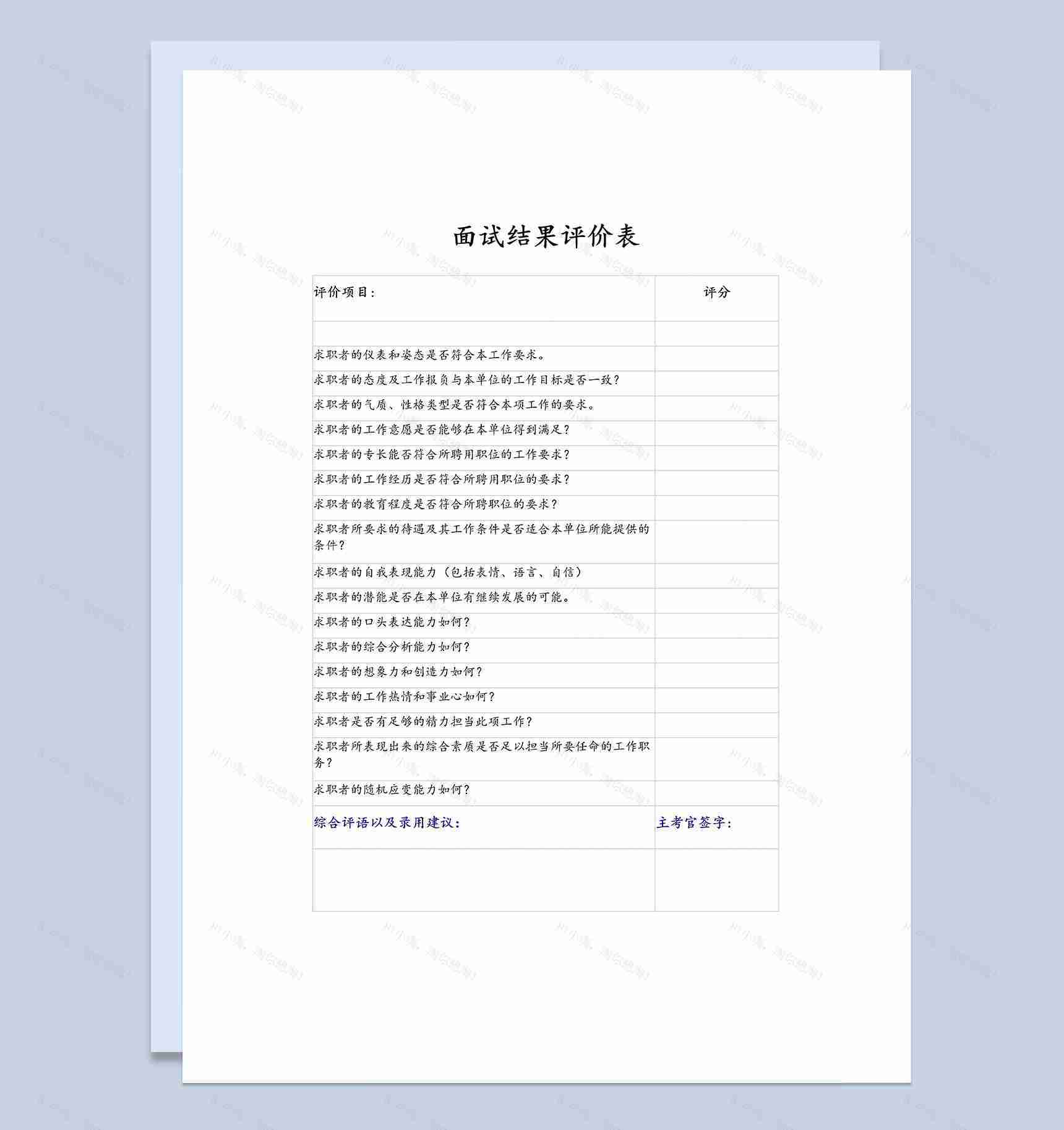 人力资源部门常用面试结果评价表Word模板-1