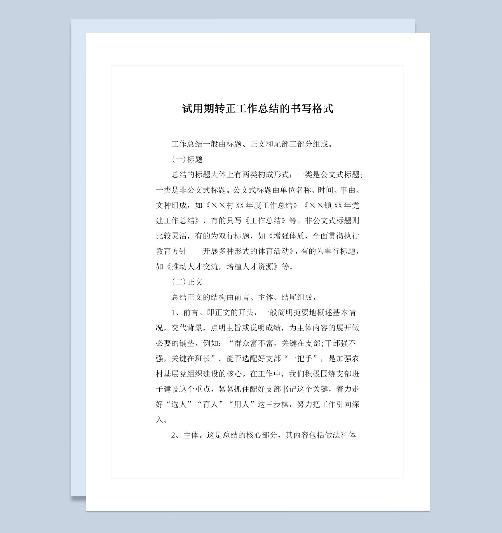 完整版试用期转正工作总结的书写格式范本Word模板