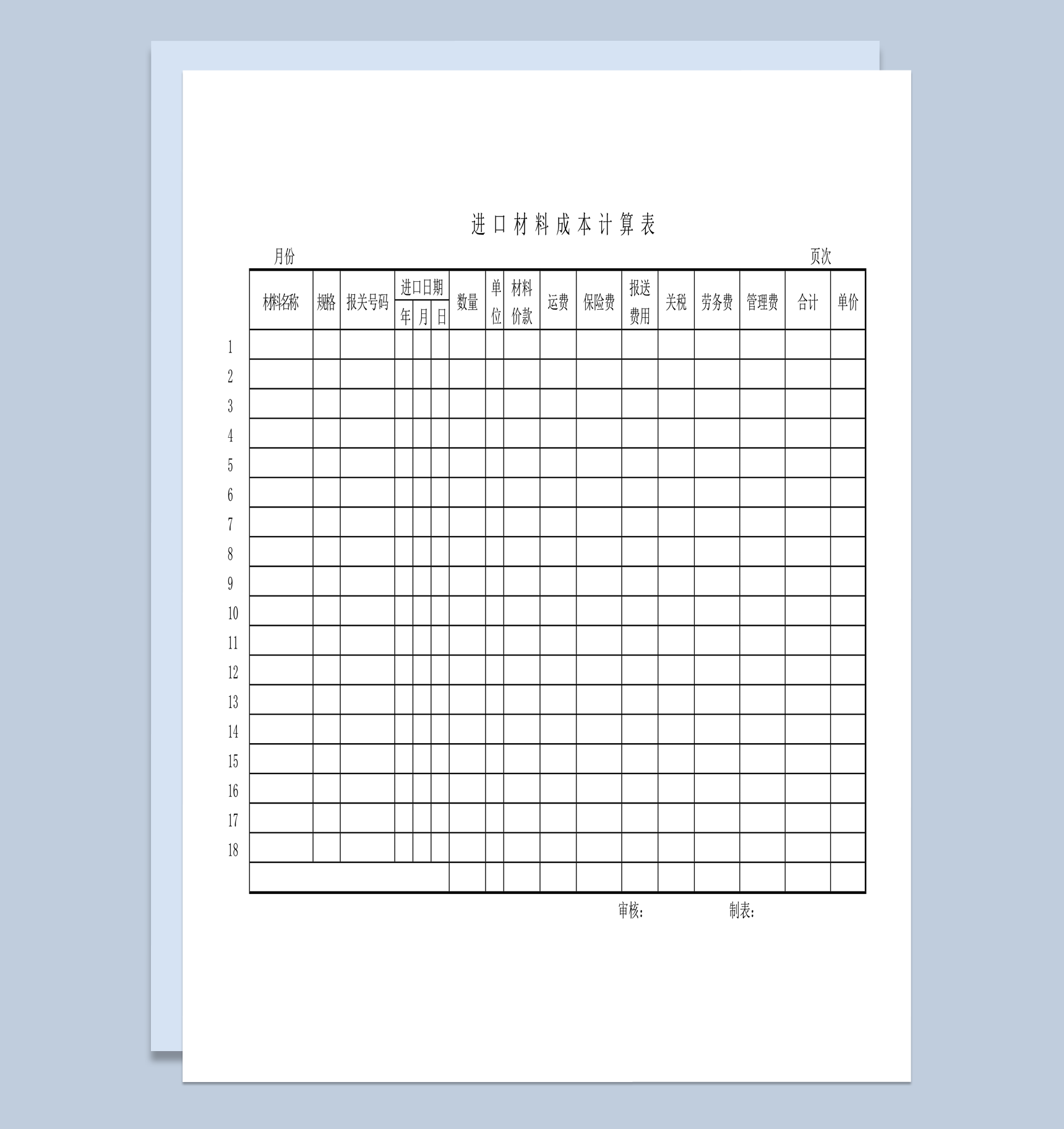 进口材料运费数量管理费劳务费成本计算表word模板