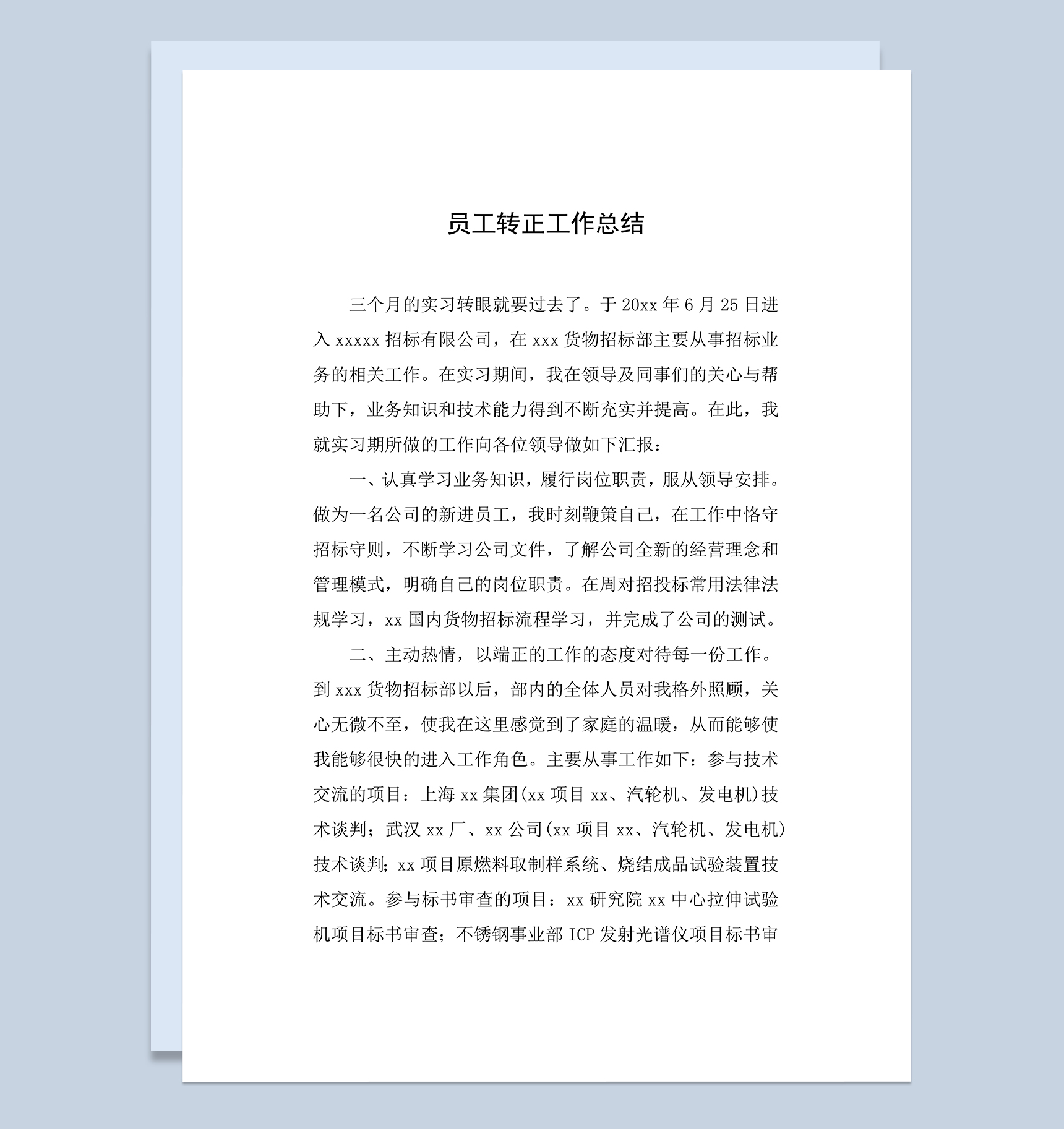 招标公司试用员工个人转正年终工作总结Word模板