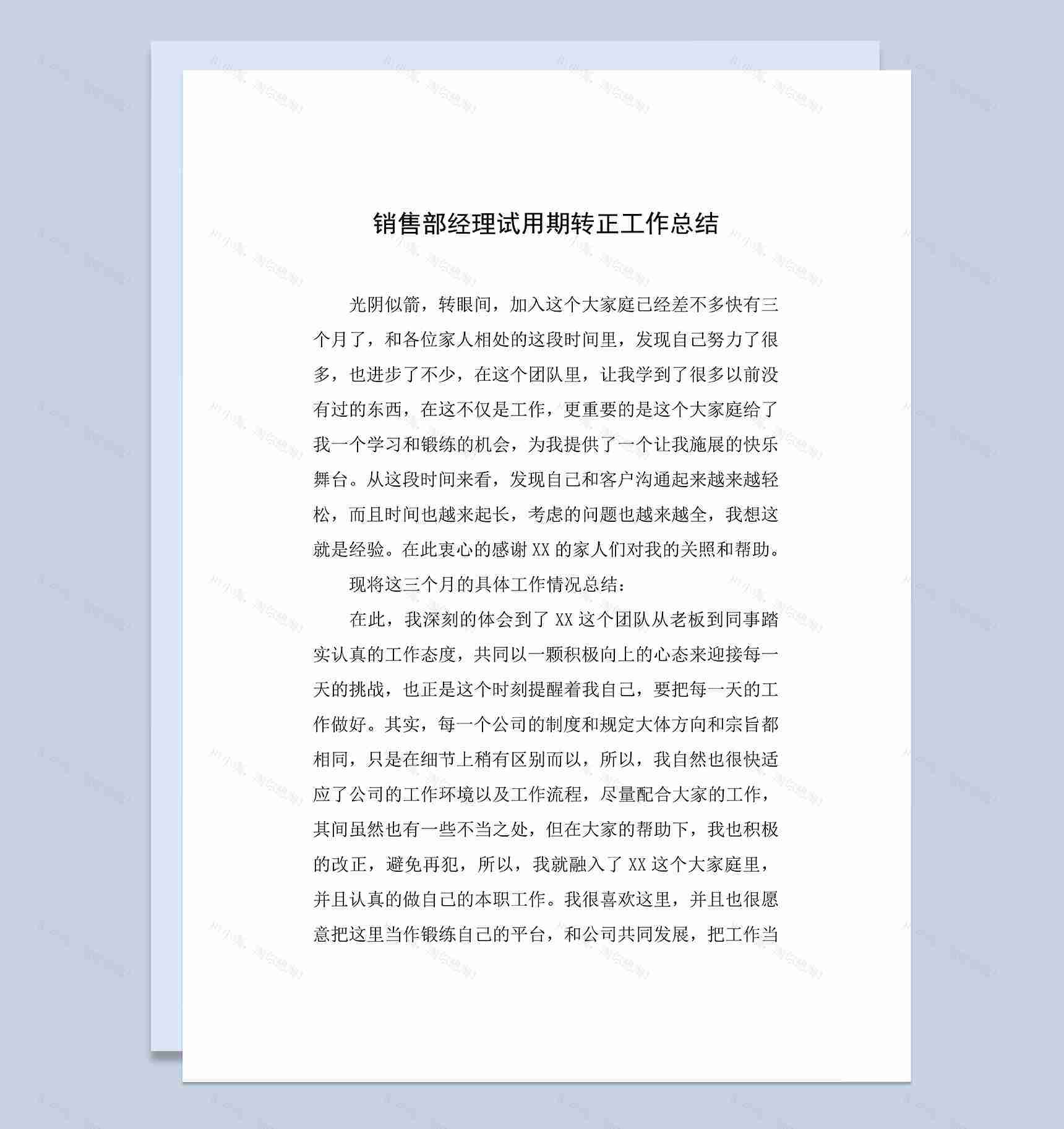 完整实用销售部经理试用期转正年终工作总结Word模板-1