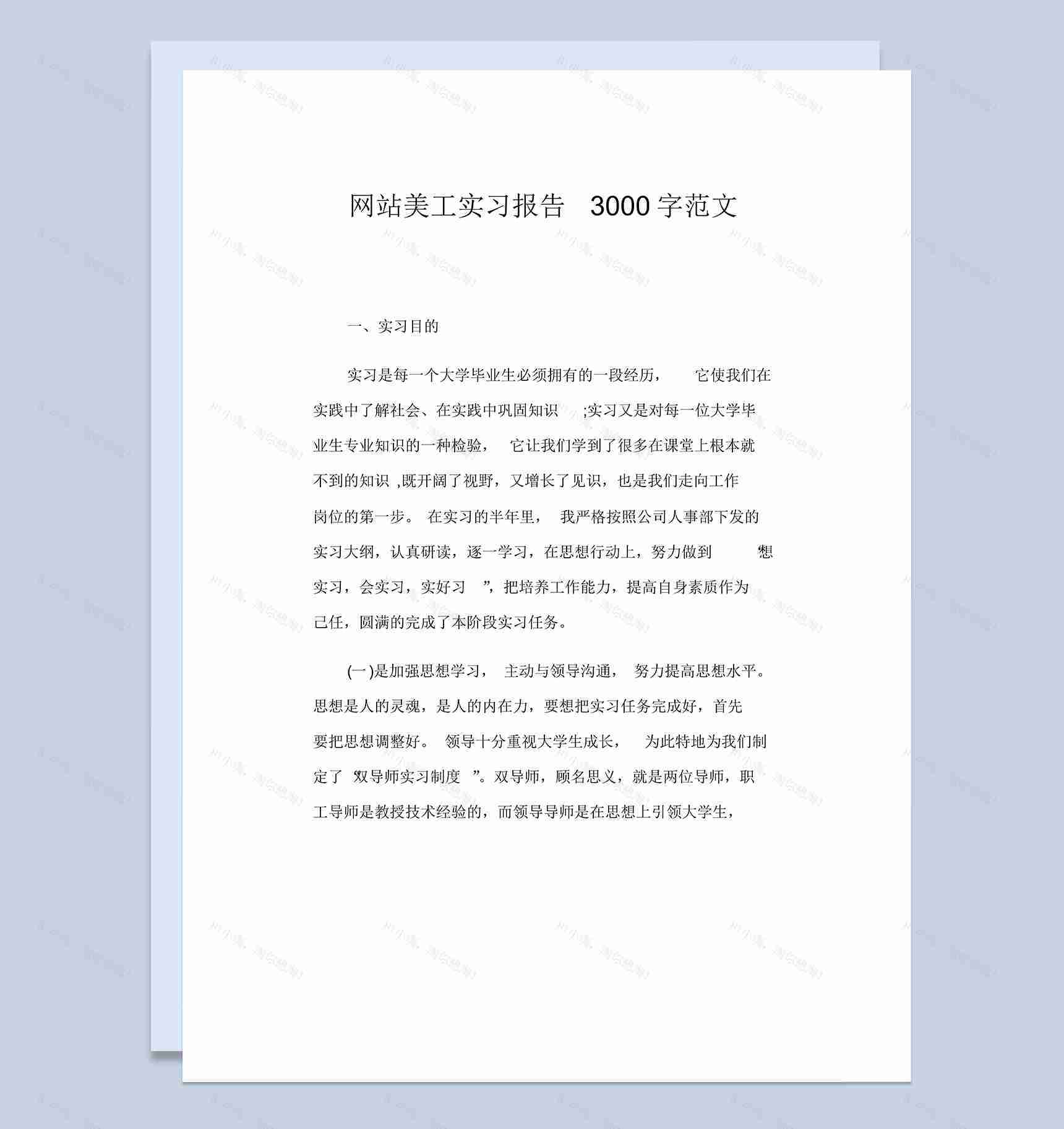 简洁风格网站美工顶岗实习报告范本Word模板-1
