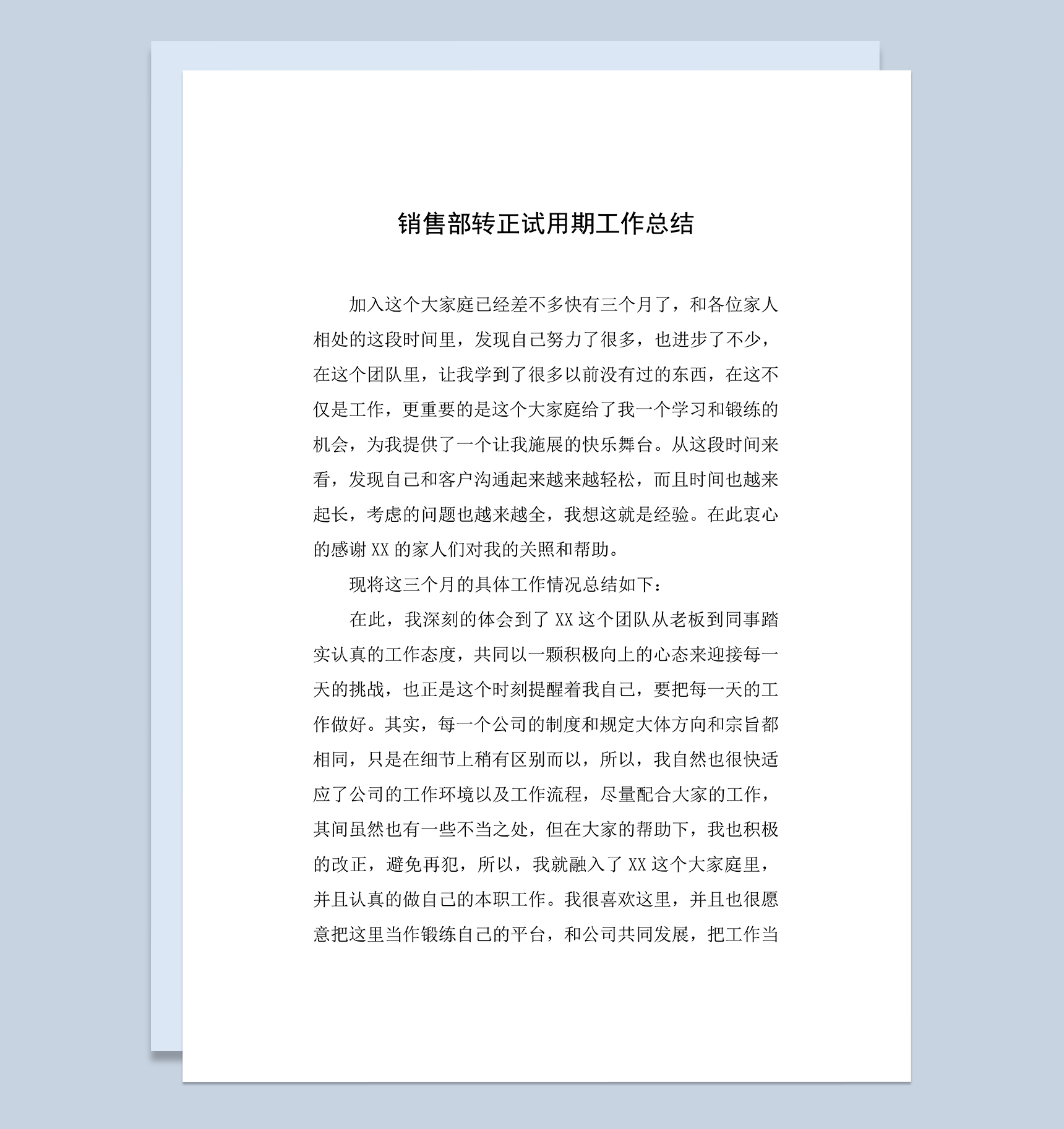 标准全面销售部转正试用期年终工作总结Word模板