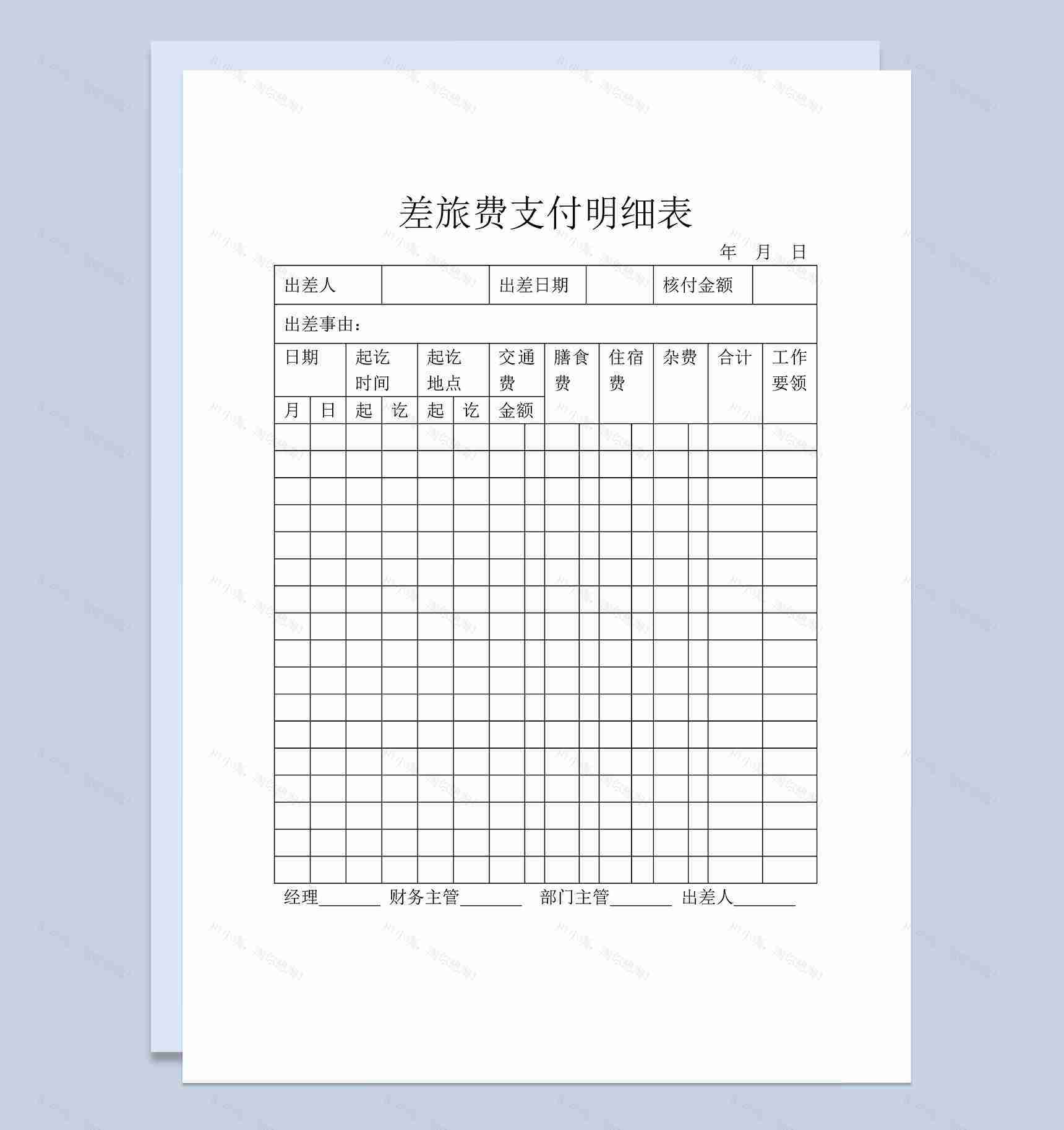 员工出差差旅费支付明细表Word模板-1