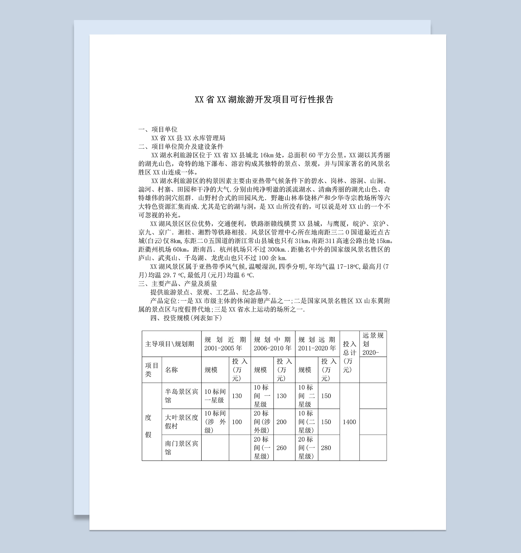 XX省XX湖旅游开发项目可行性报告Word模板