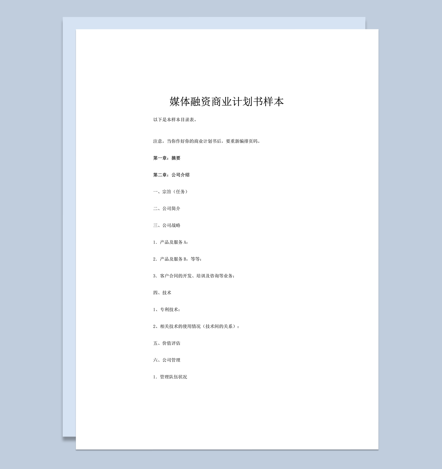 媒体融资商业计划书样本word模板