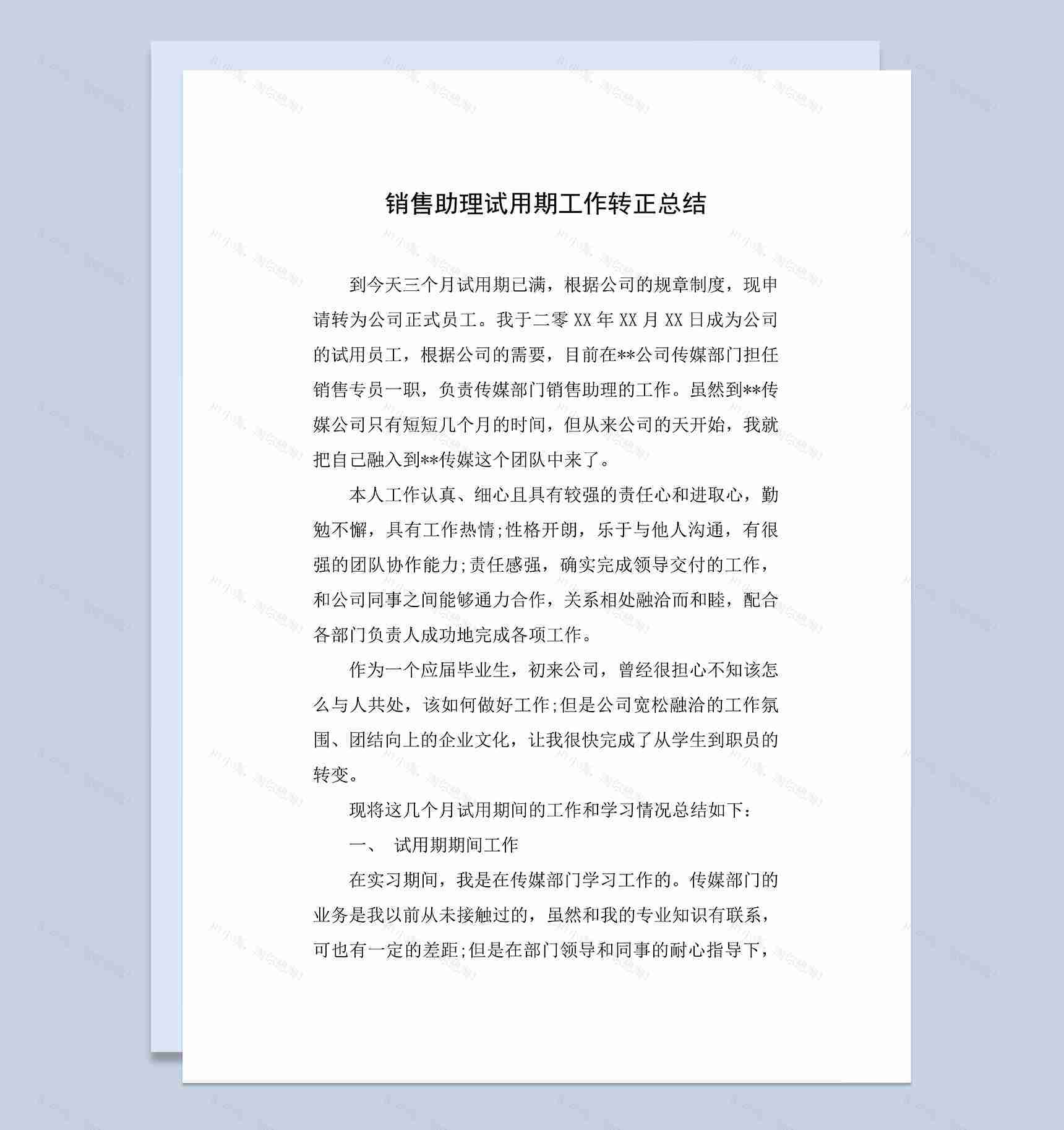 销售助理试用期工作转正年终总结Word模板-1