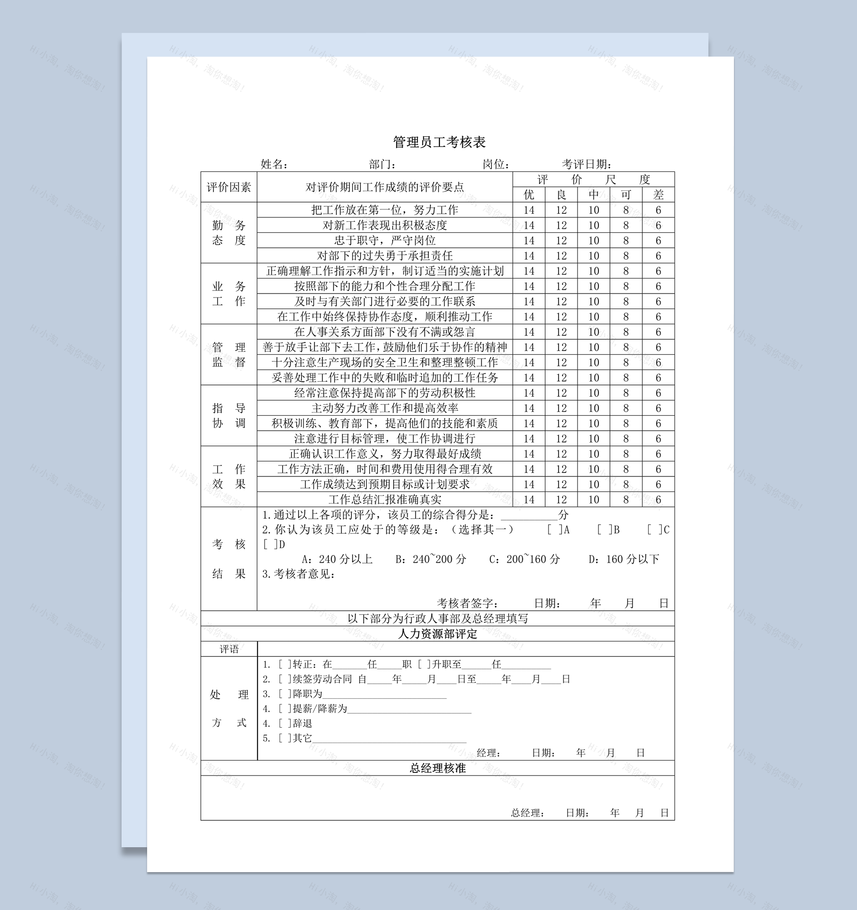 公司人事管理员工业务工作能力态度考核表word模板-1