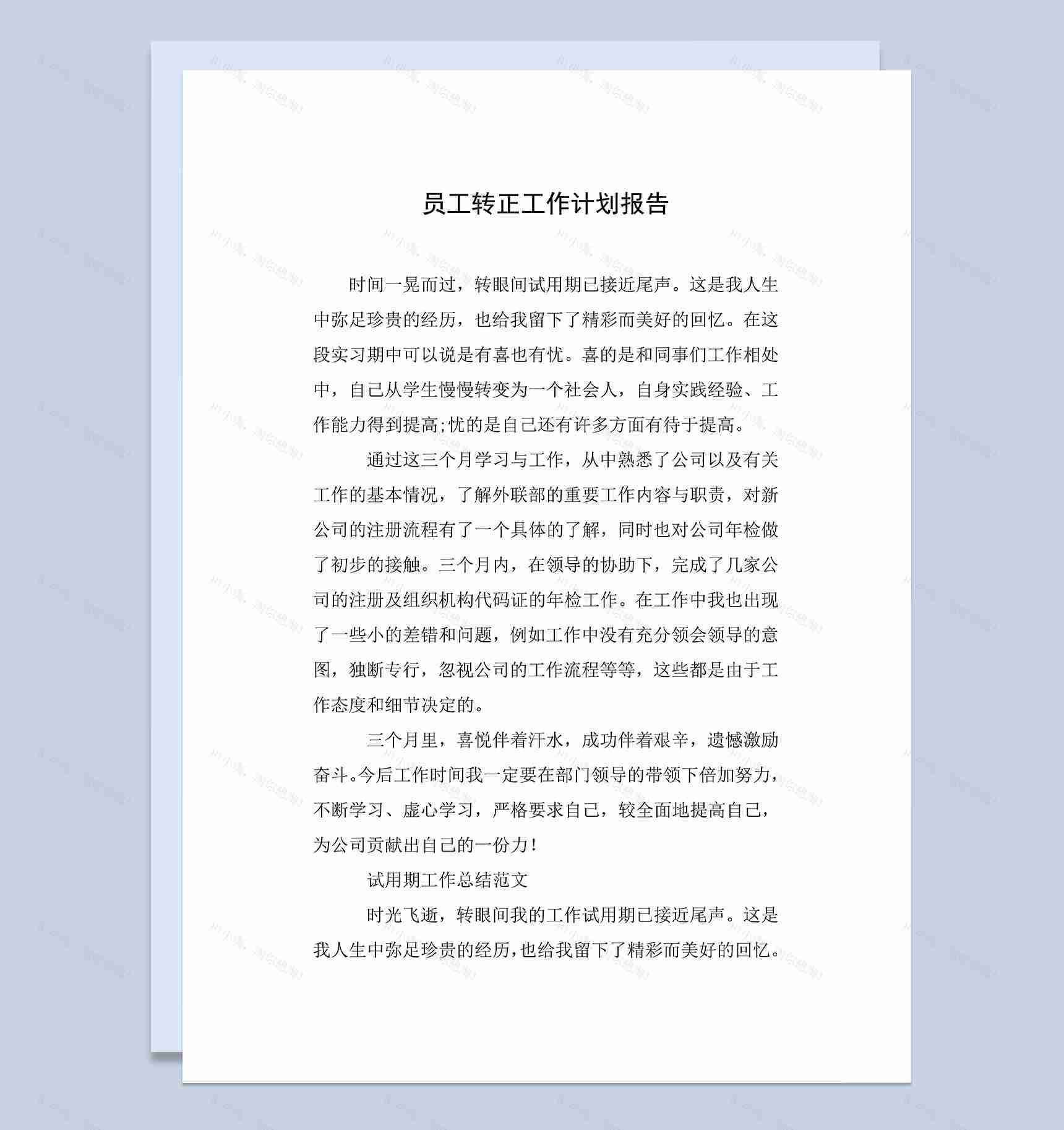 员工试用期满个人转正年终工作计划报告Word模板-1