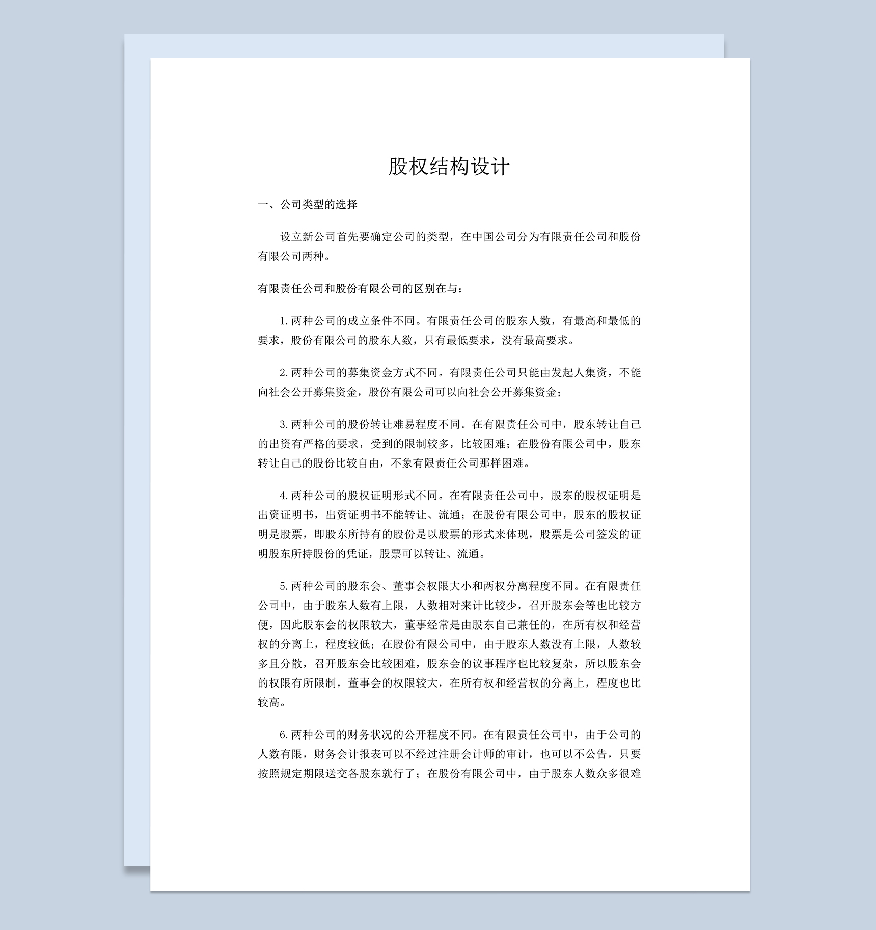 新公司股权结构设计初创公司股权设计方案Word模板