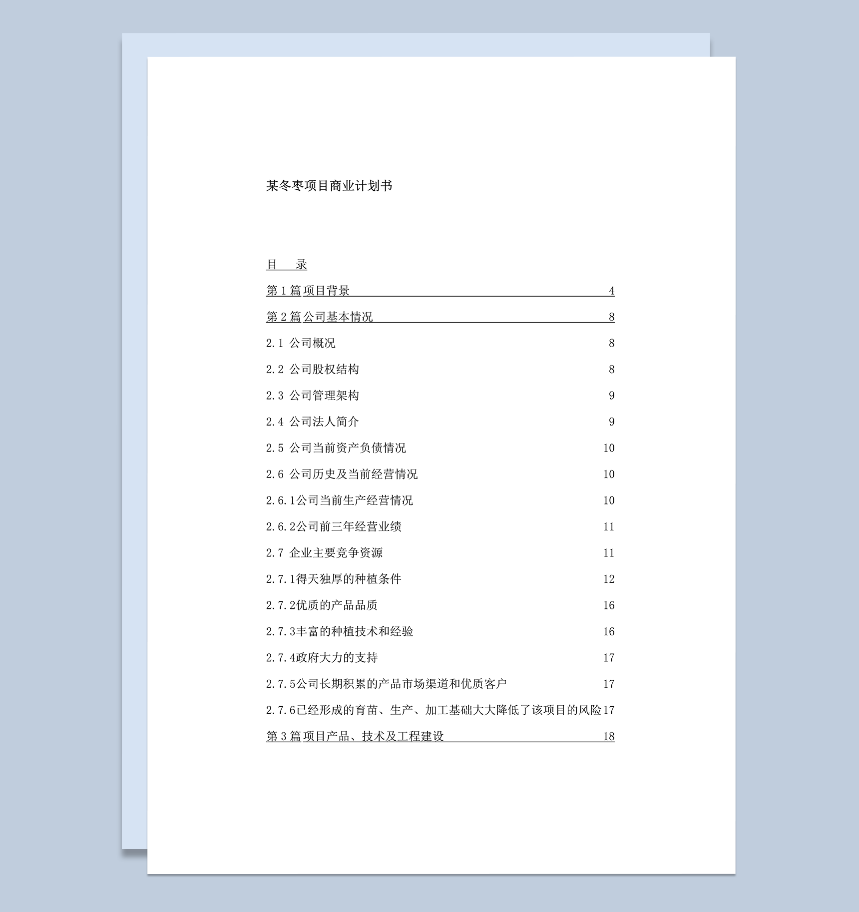 某冬枣项目商业计划书目录word模板