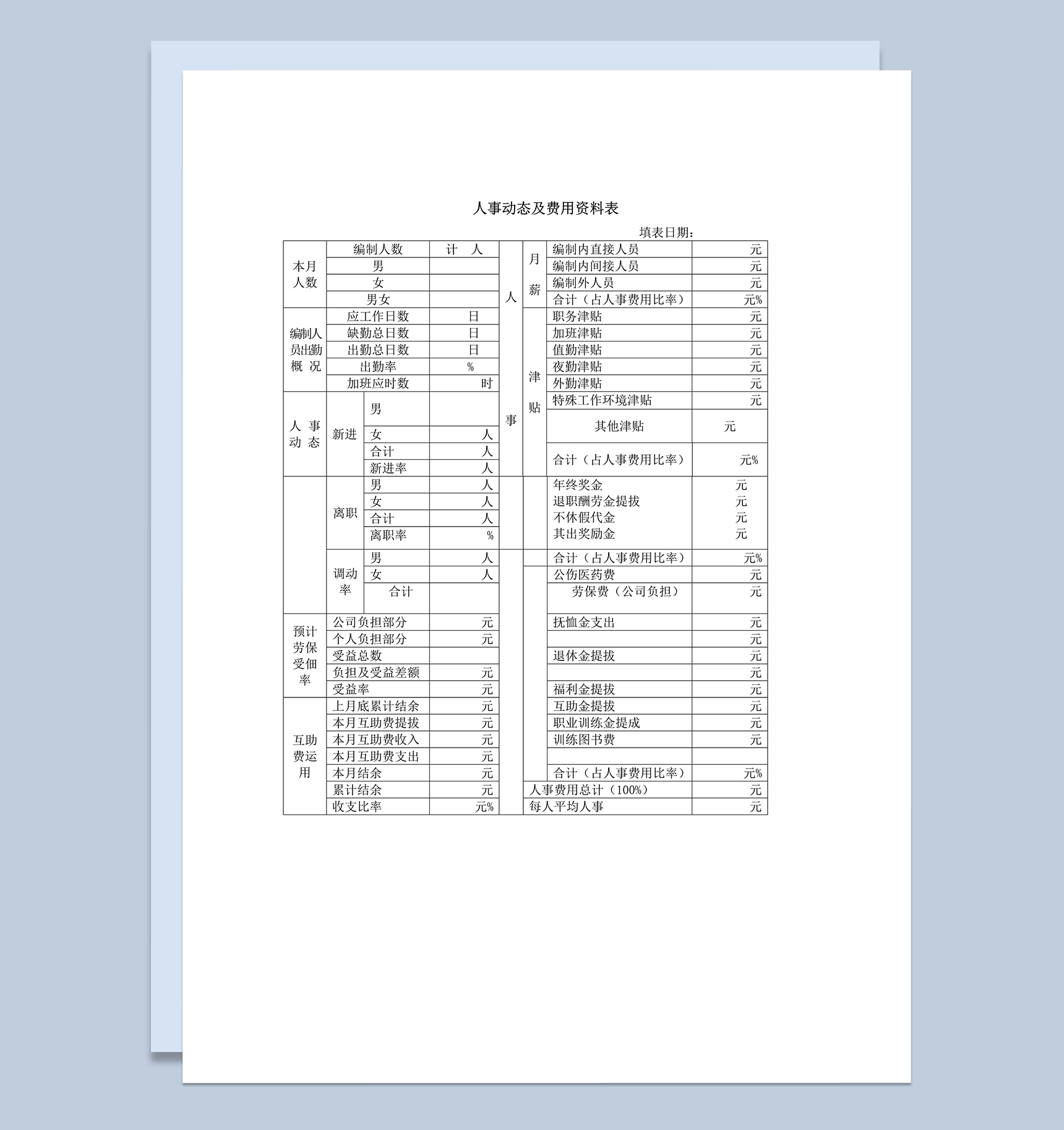 公司人事动态及费用资料详情表word模板