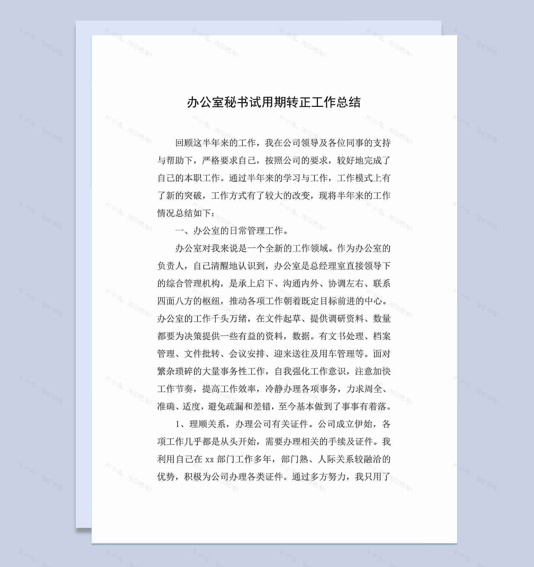 办公室秘书试用期转正年终工作总结Word模板-1