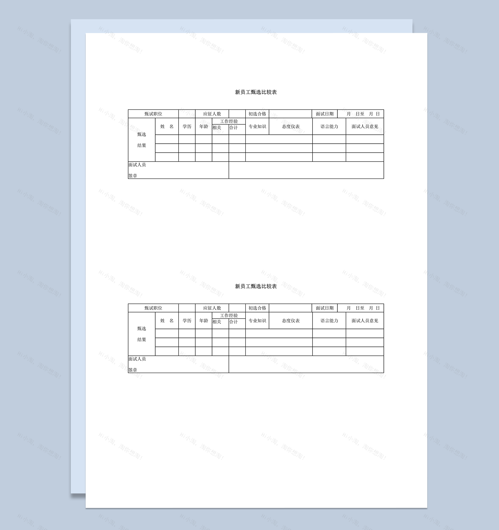 公司招聘新员工表现考核甄选比较结果表word模板-1