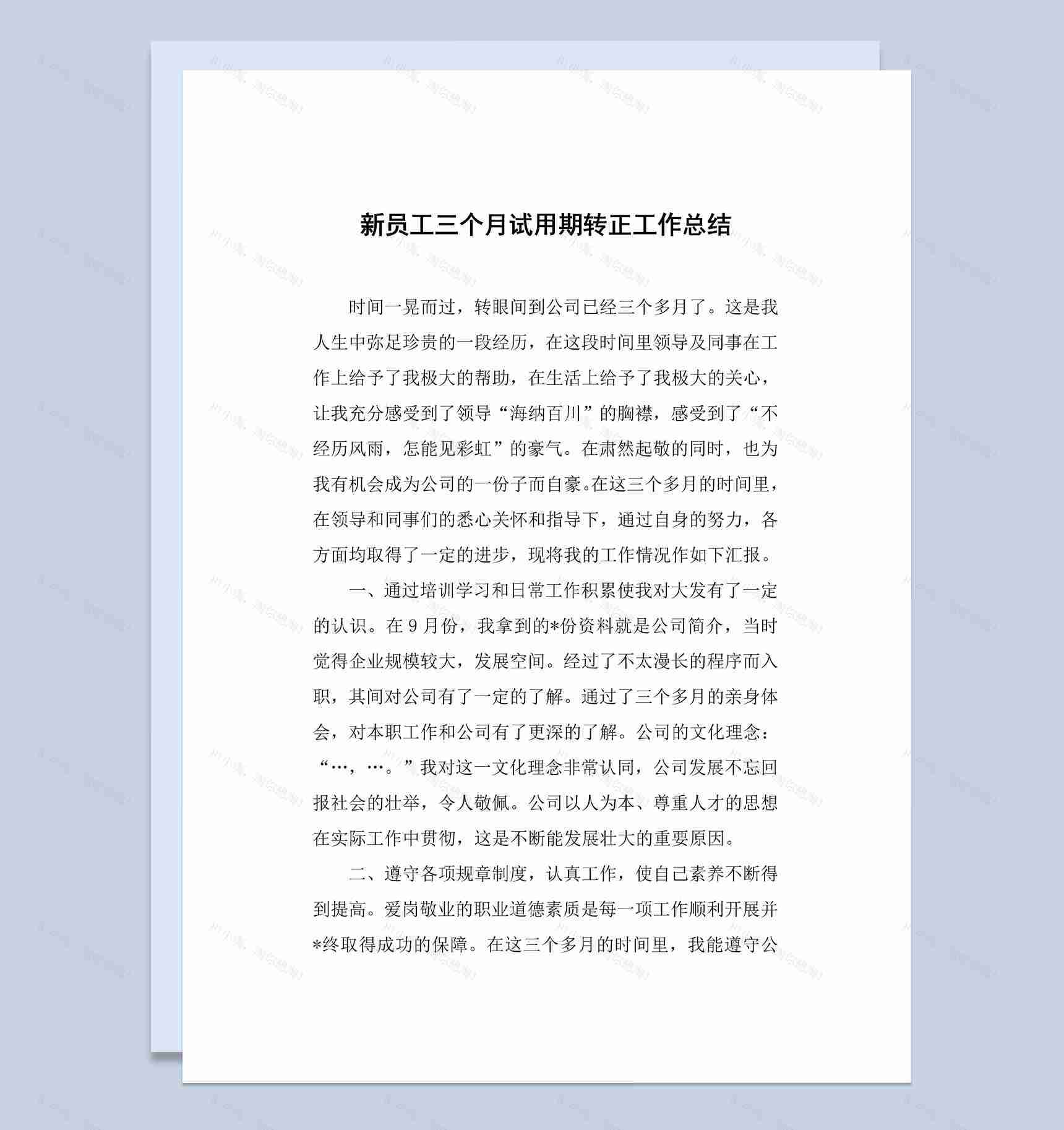 公司新员工三个月试用期转正工作总结报告Word模板-1