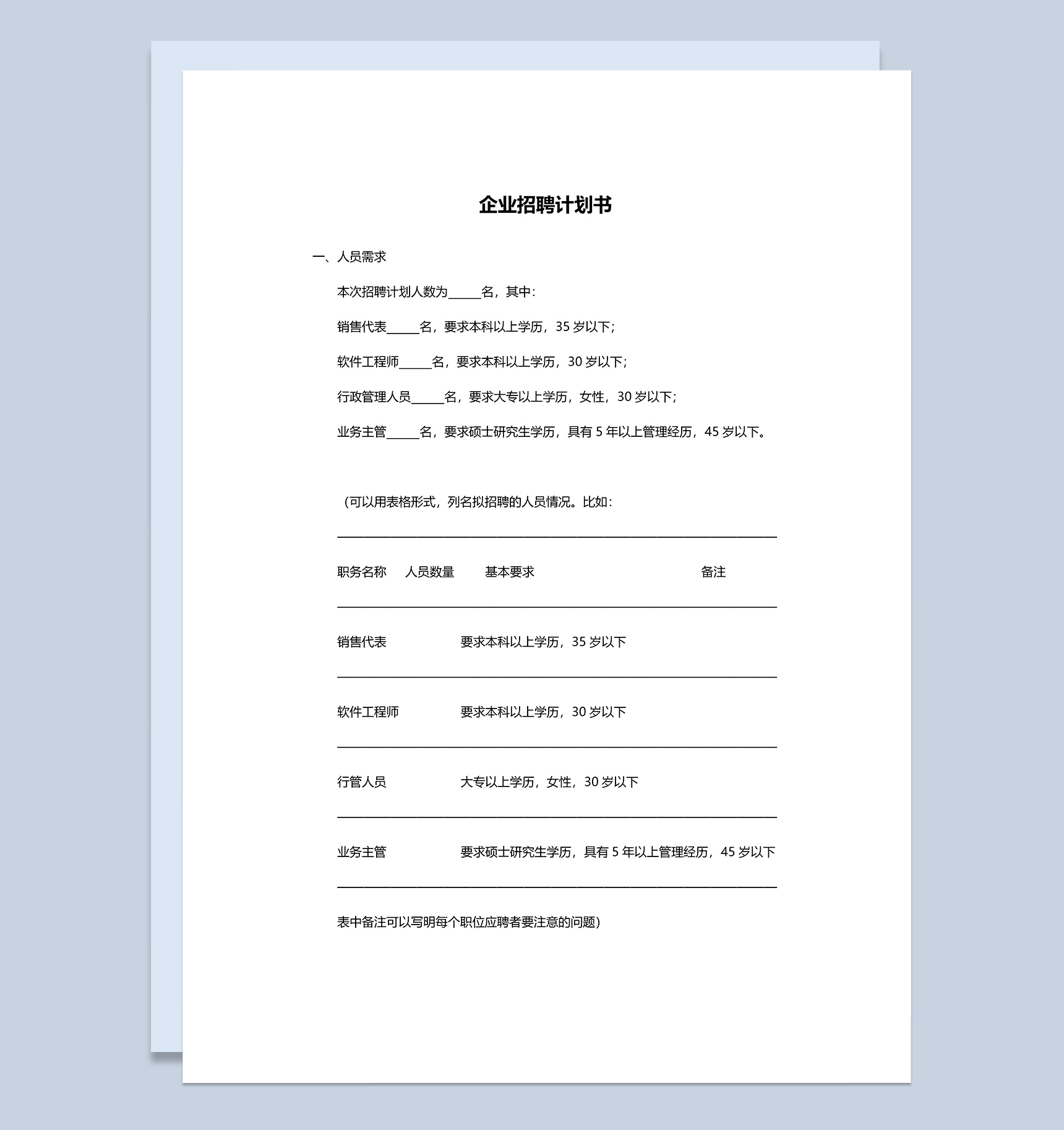 经典实用企业员工招聘计划书Word模板