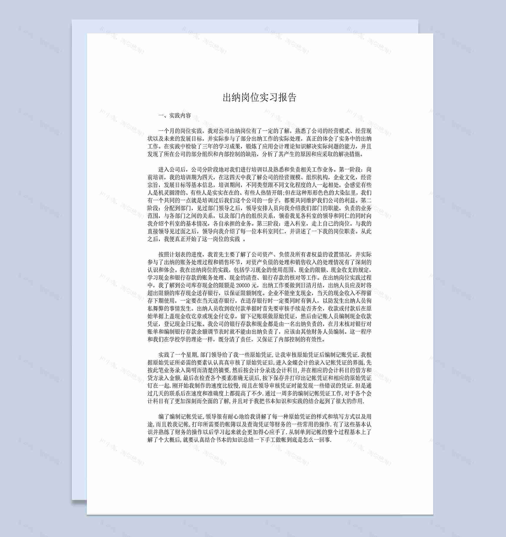 简洁实用经典风格出纳实习报告范本Word模板-1