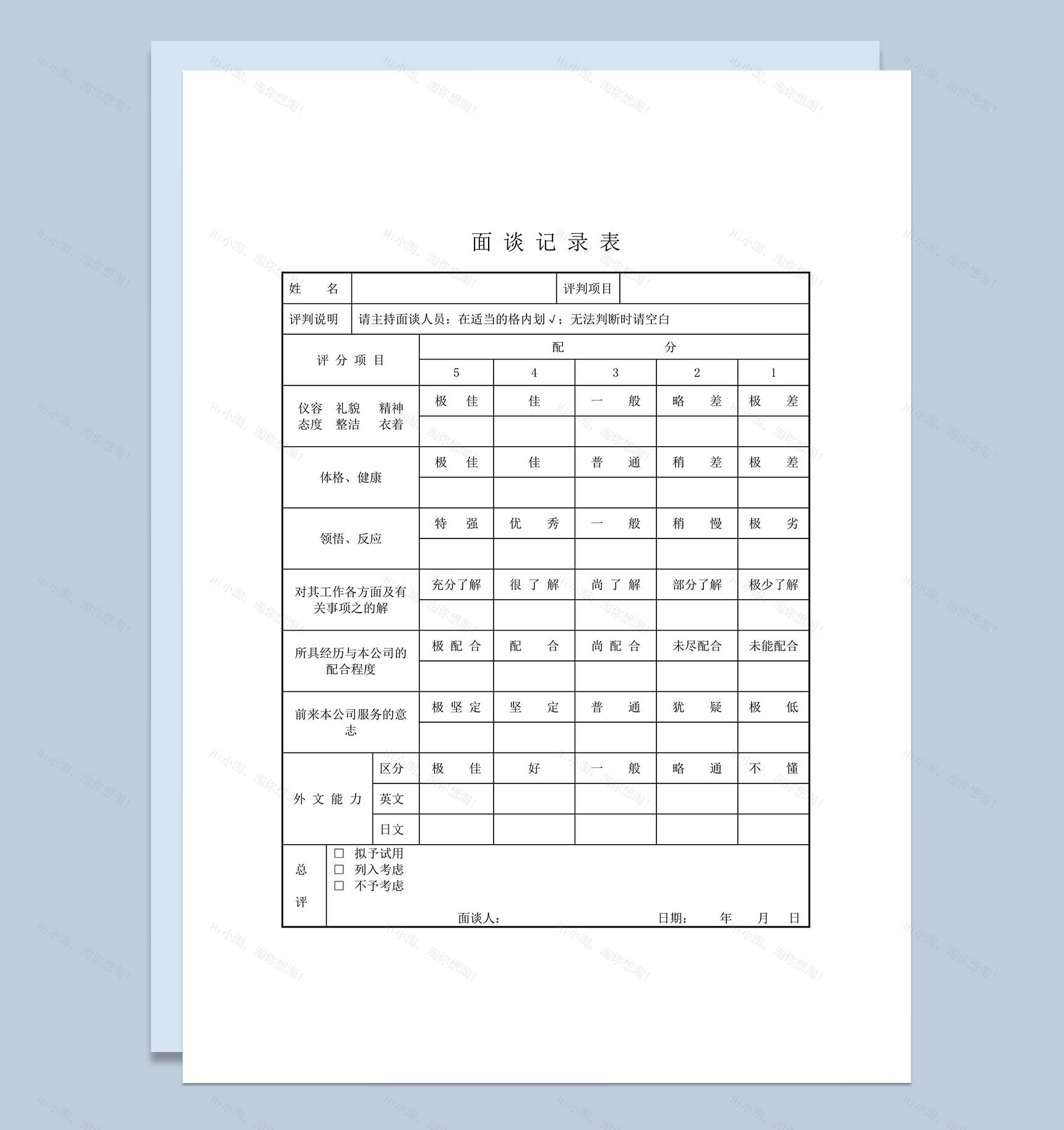 公司人事招聘了解应聘人员面谈记录表word模板-1
