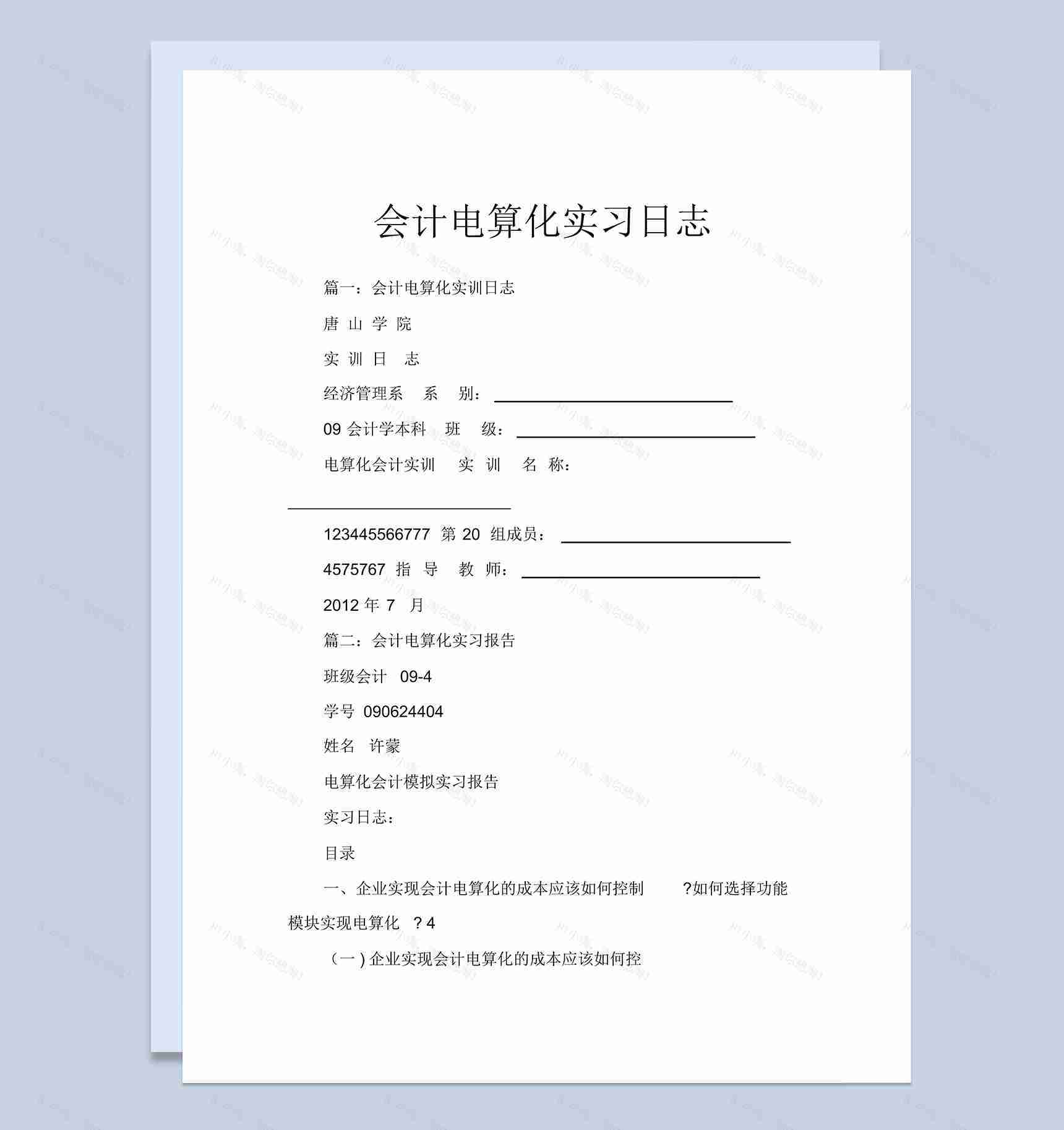 经典风格会计电算化专业大学生实习日志Word模板-1