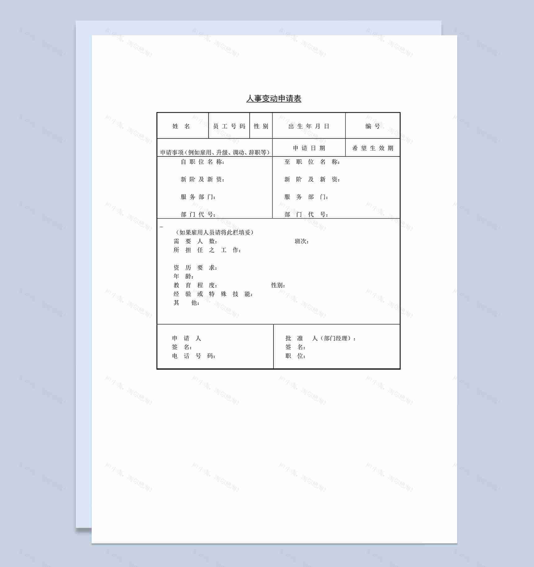 人事人员变动变更申请表Word模板-1