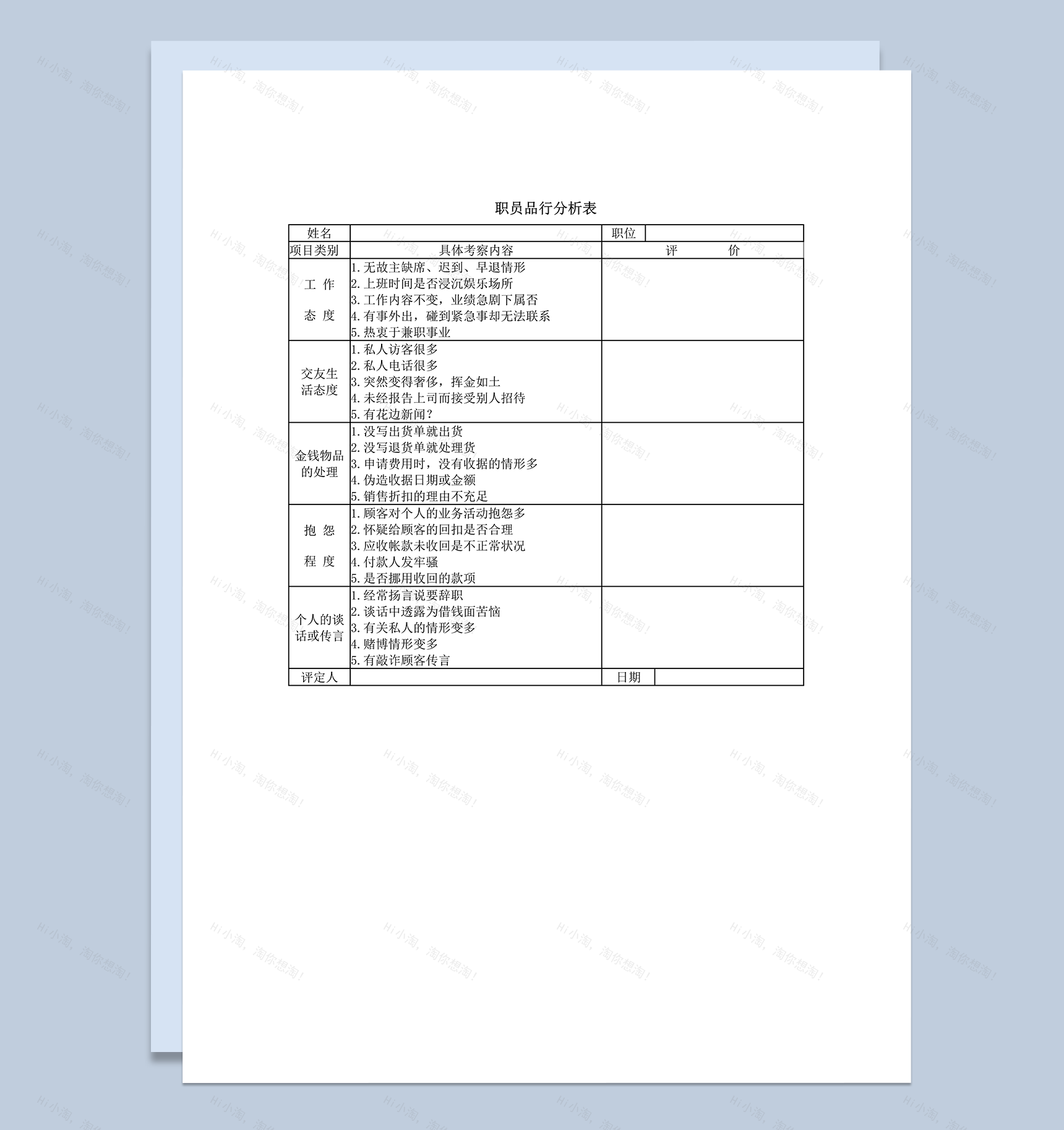 职员品行分析表word模板-1