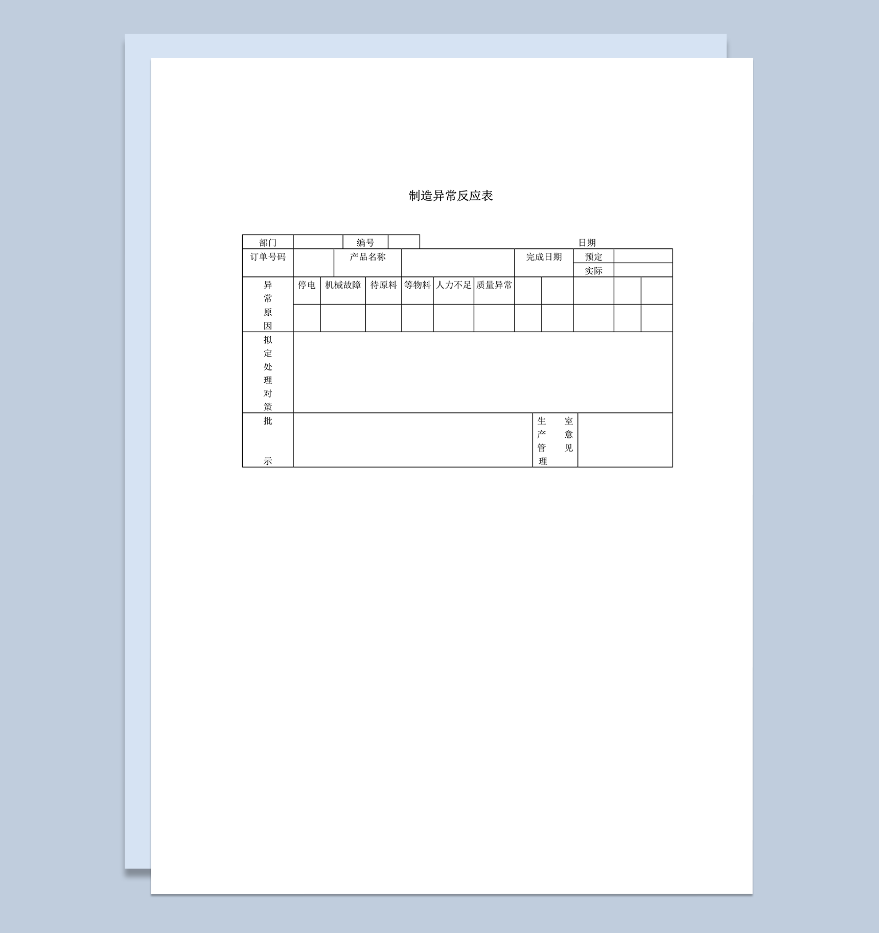 制造异常反应表word模板