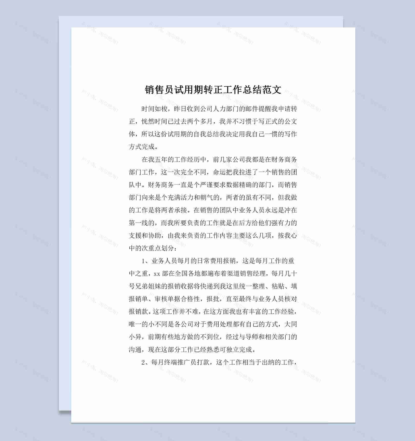 完整版公司销售员试用期转正通用工作总结范文Word模板-1