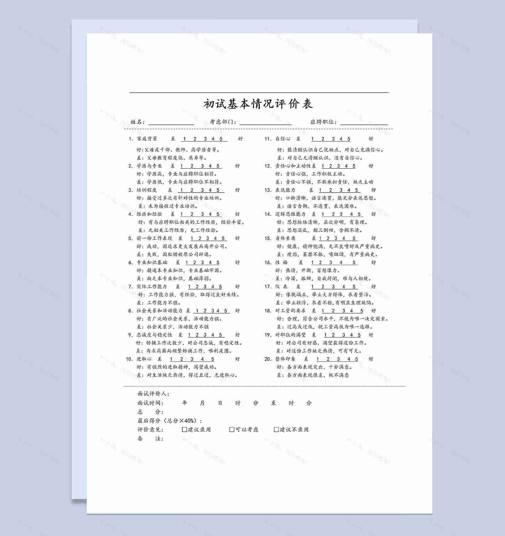 人事部常用初试基本情况评价表Word模板-1