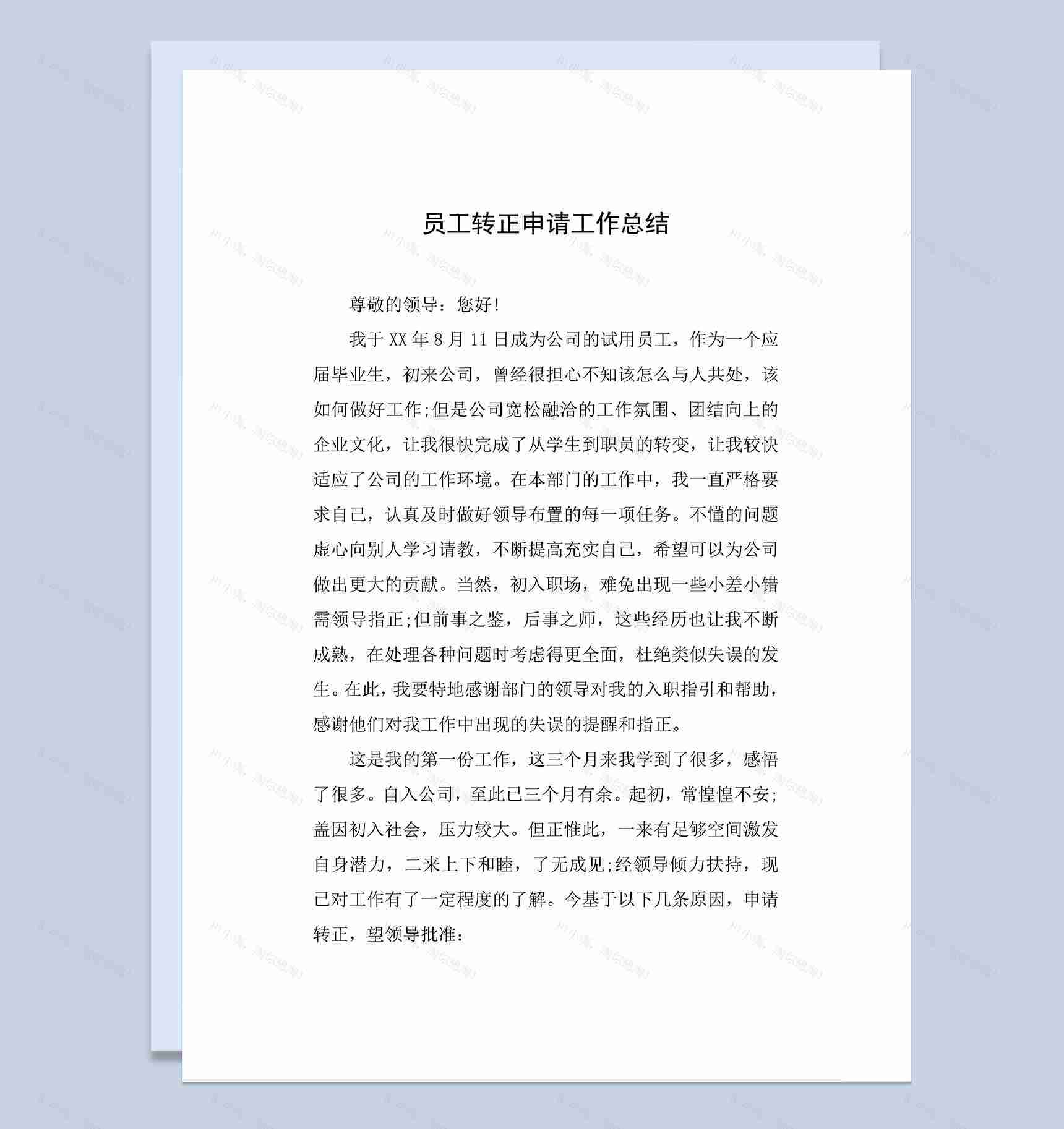 XX公司试用员工转正申请工作总结年终总结Word模板-1