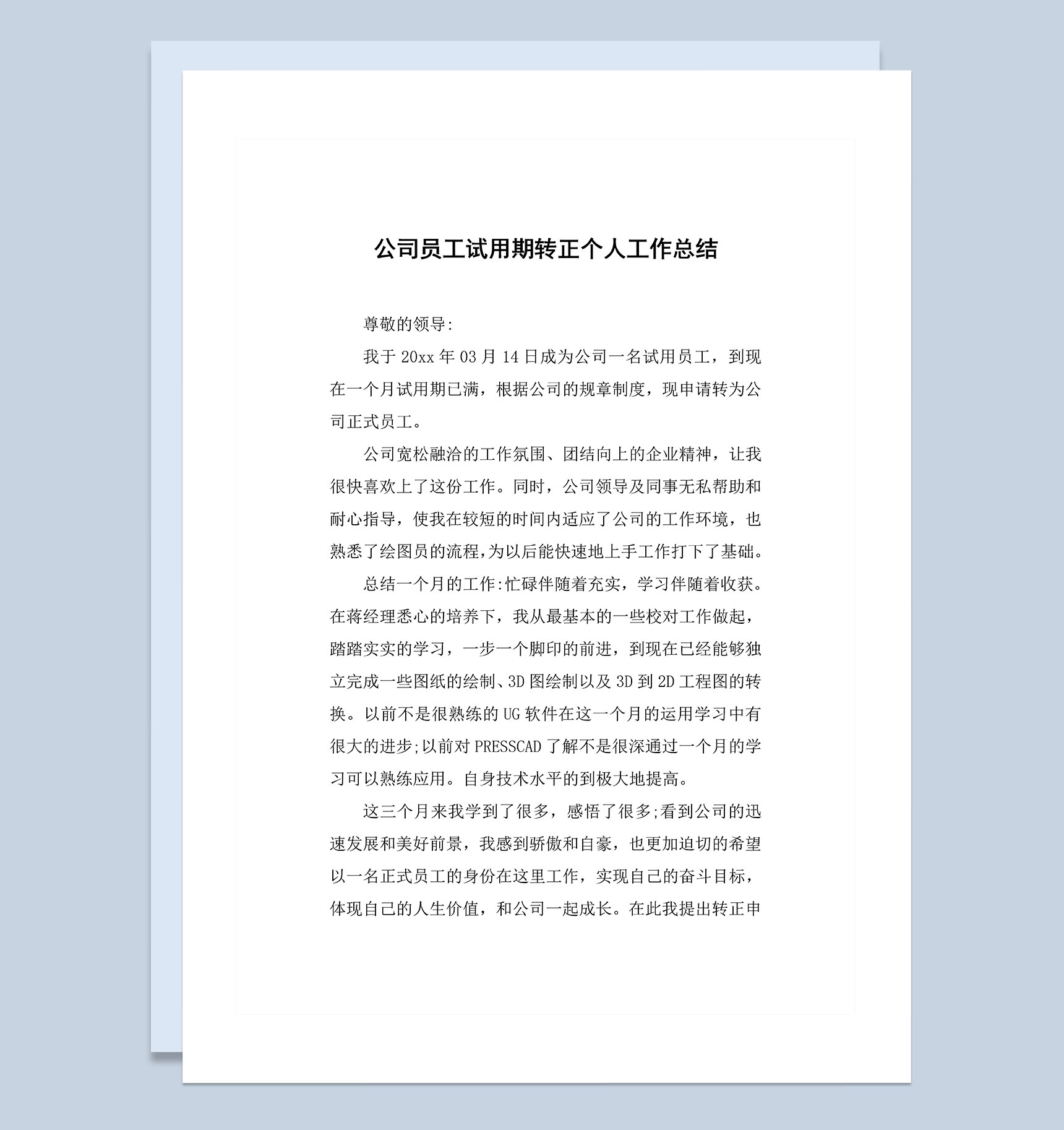 精选版员工试用期转正个人工作总结范本Word模板
