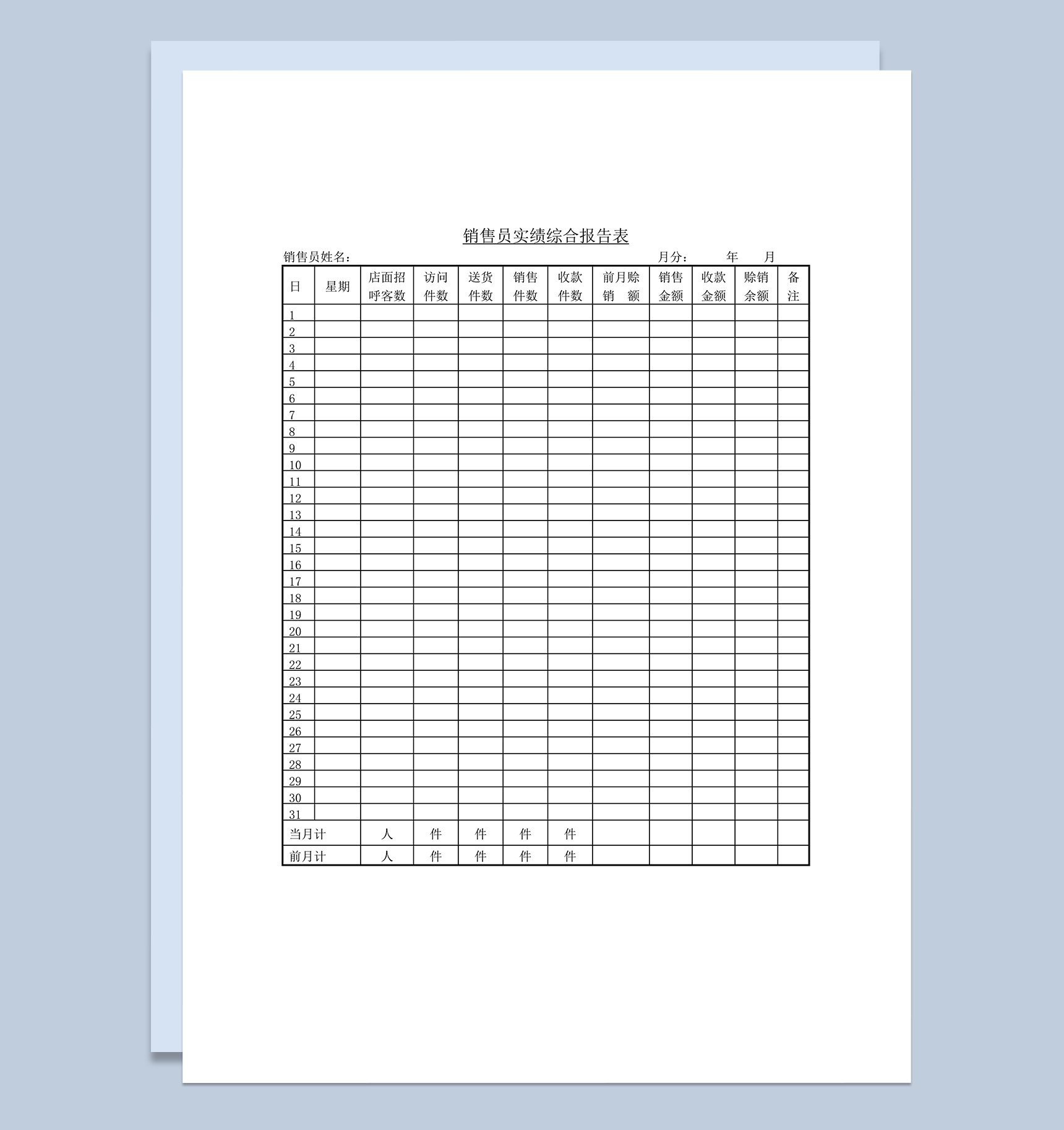 销售员实绩综合报告表word模板