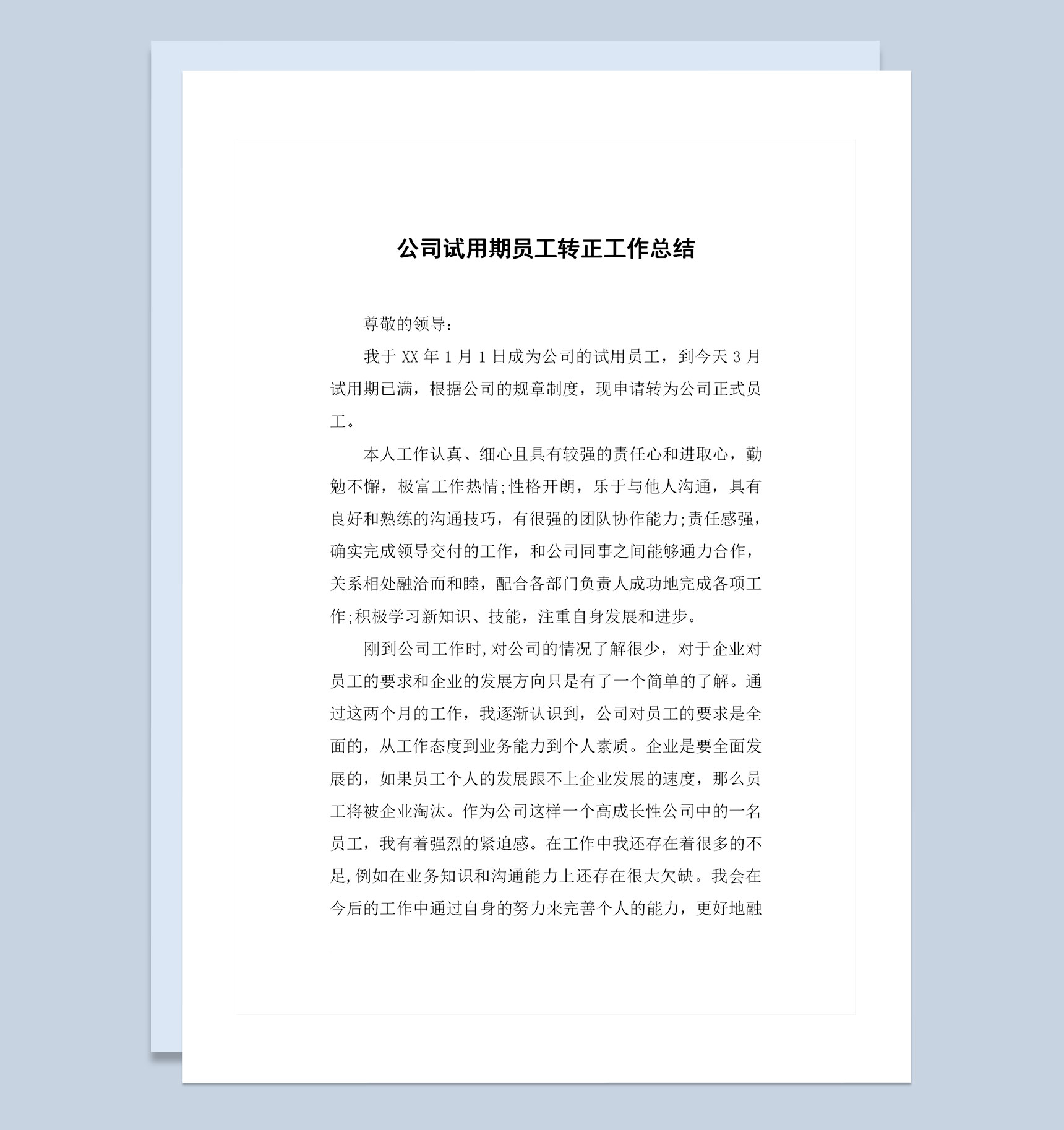 公司试用期员工转正个人工作总结范本Word模板