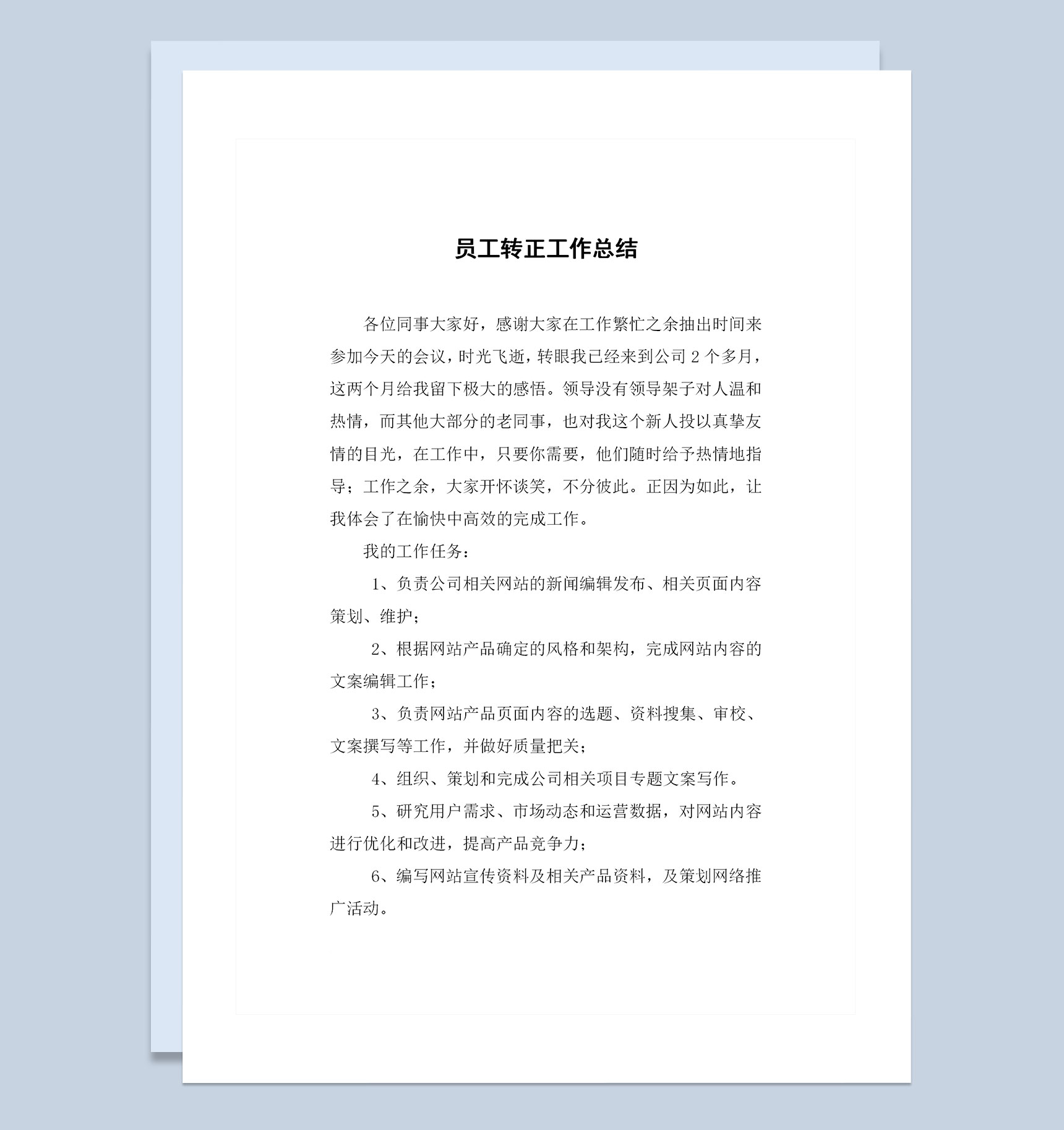 企业公司通用的员工试用期转正个人工作总结范本Word模板