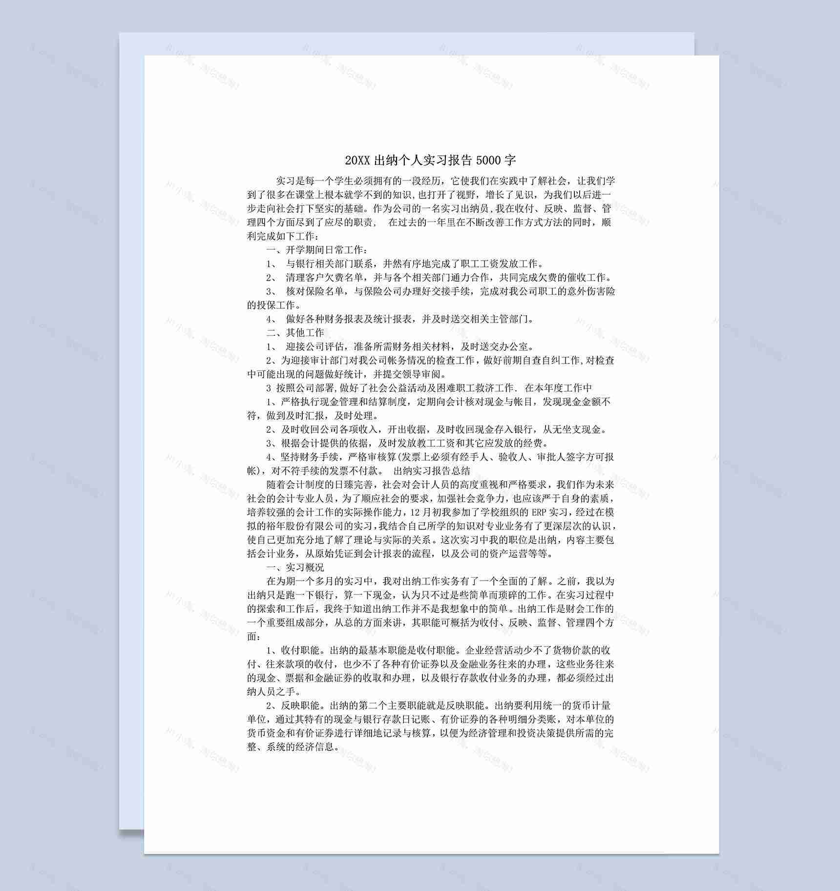 白色简洁风格出纳个人实习报告汇报范本Word模板-1