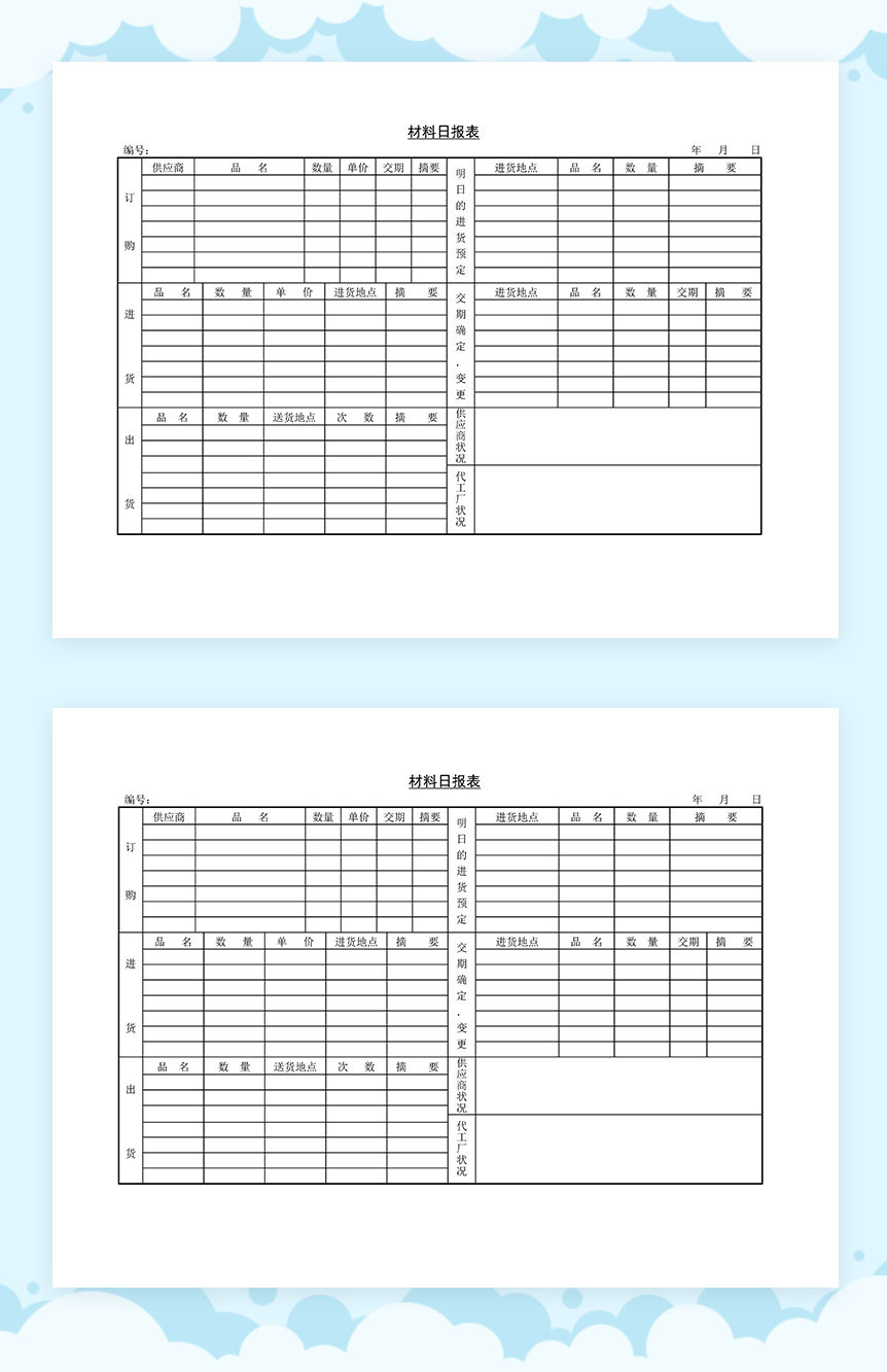 材料订购进出货日报登记表格Word模板