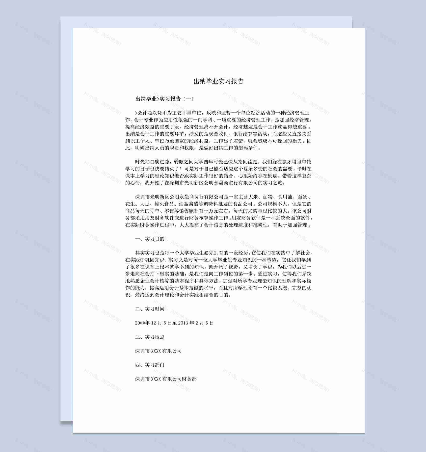 简约风格出纳专业毕业实习报告汇报范本Word模板-1