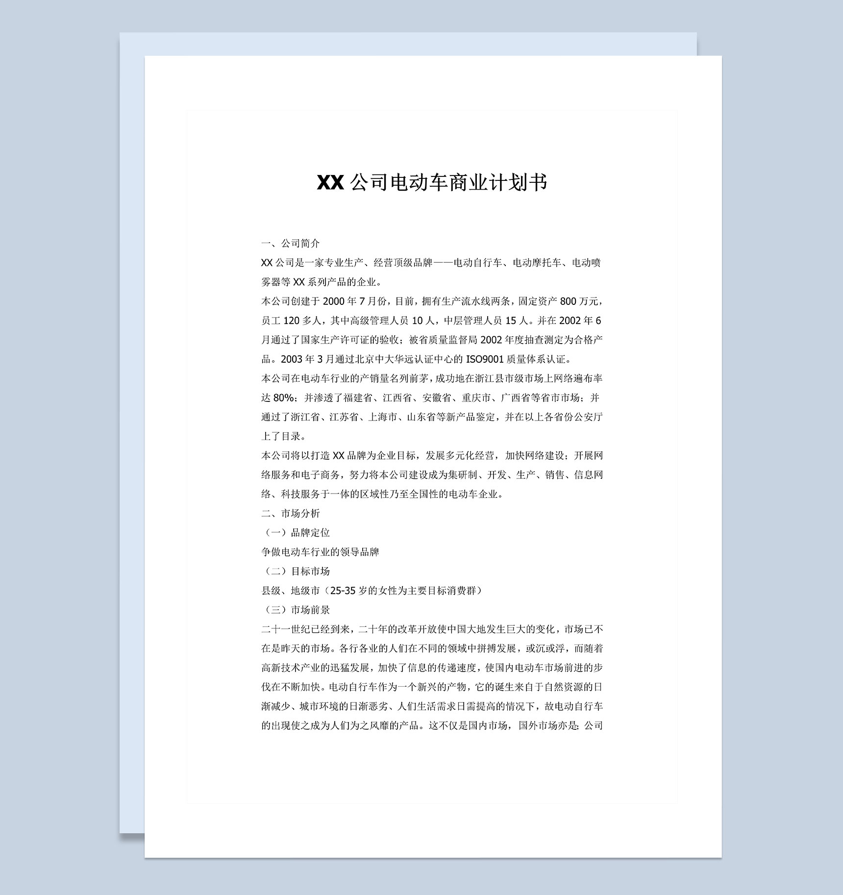 XX公司电动车项目商业计划书Word模板